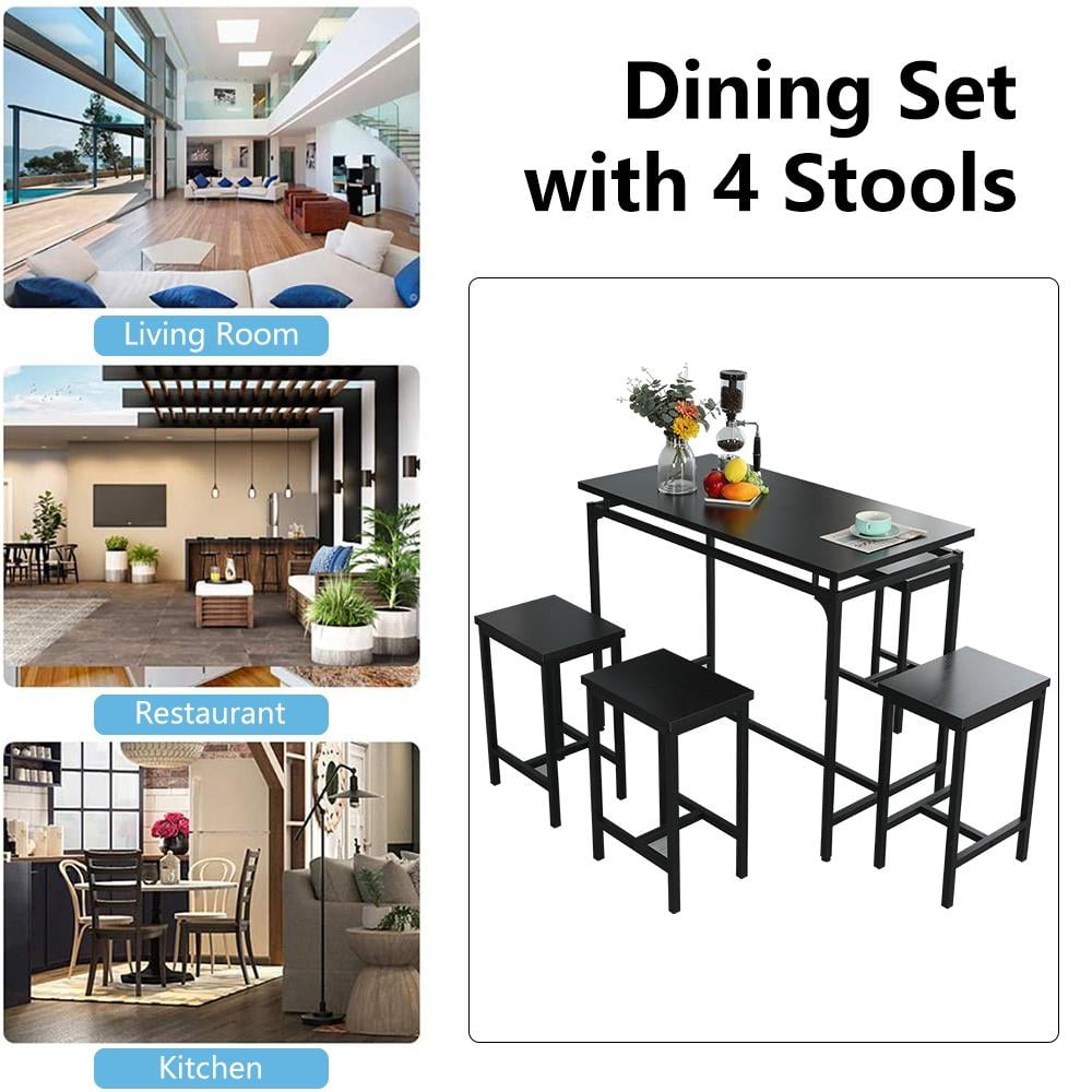 Dining Room Set for 4, Kitchen Bar Table Set with 4 Stools, Rectangle Counter Height Dining Set, Saving Space Bistro Table Sets for Kitchen Bar Breakfast Nook, Black