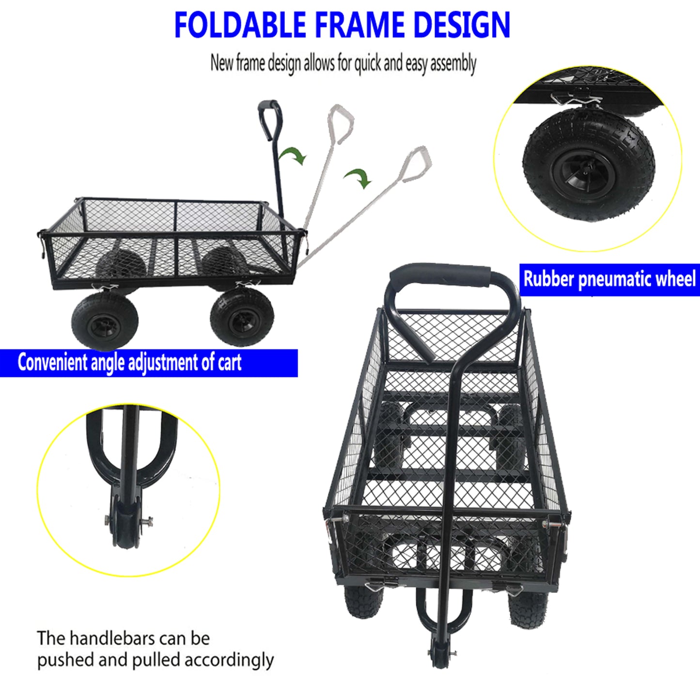 Steel Garden Cart, Heavy Duty 1200 lbs Capacity Utility Wagon with Removable Sides, All Terrain Mesh Versatile Wagon