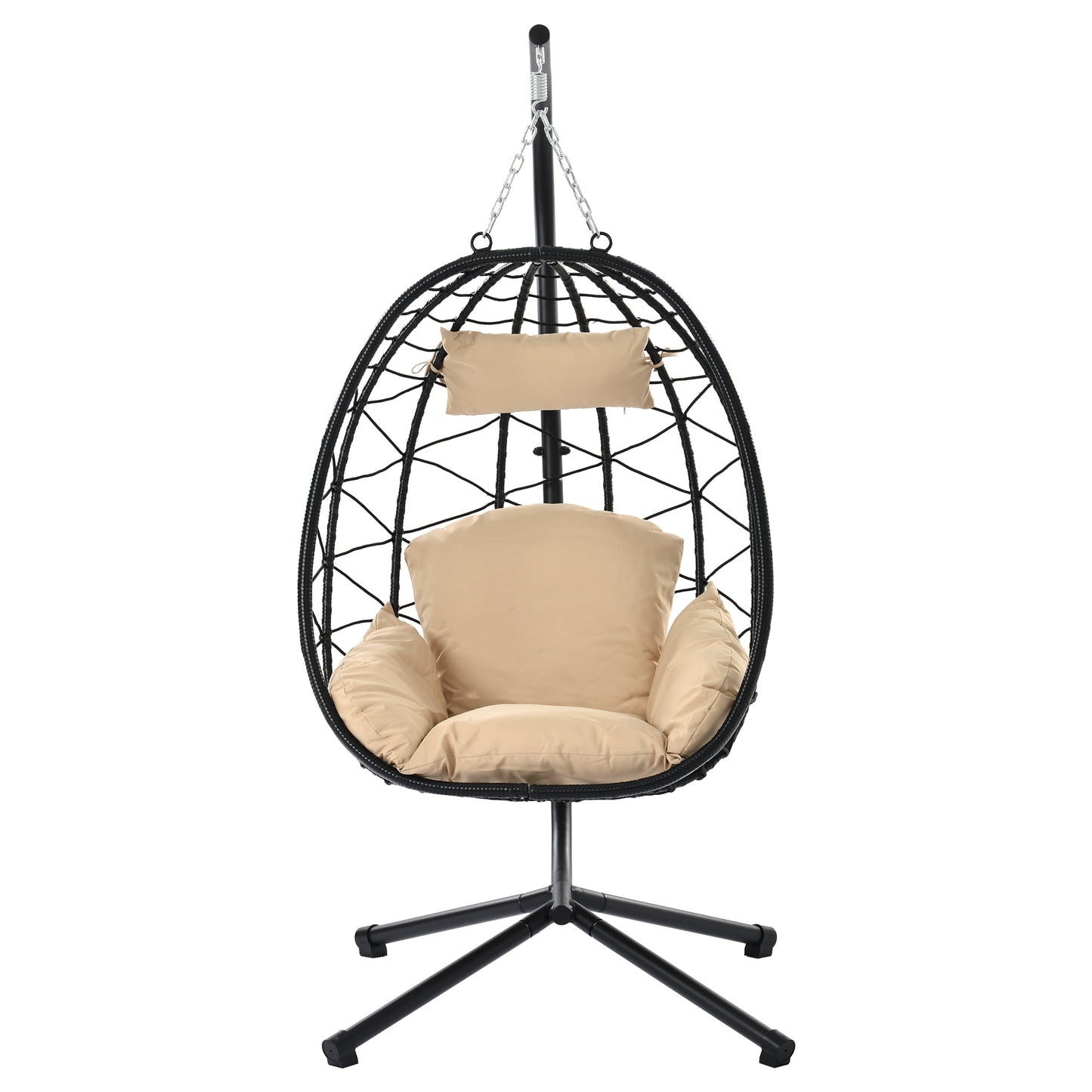 Outdoor Egg Chair, Patio Wicker Swing Egg Chair with Stand, Steel Frame Hanging Chair with Soft Cushion and Pillow for Bedroom Patio Balcony