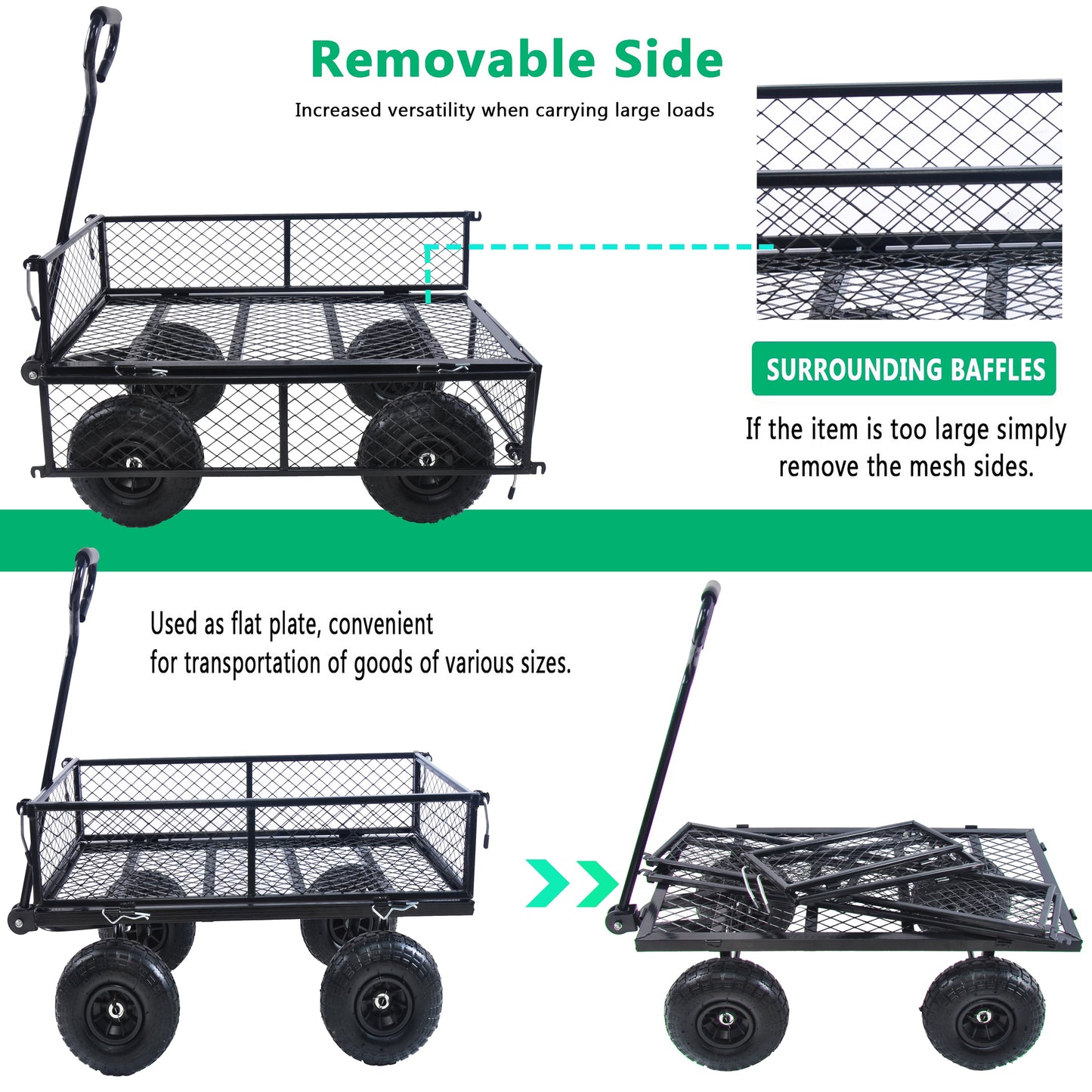 Steel Garden Cart, Heavy Duty 1200 lbs Capacity Utility Wagon with Removable Sides, All Terrain Mesh Versatile Wagon