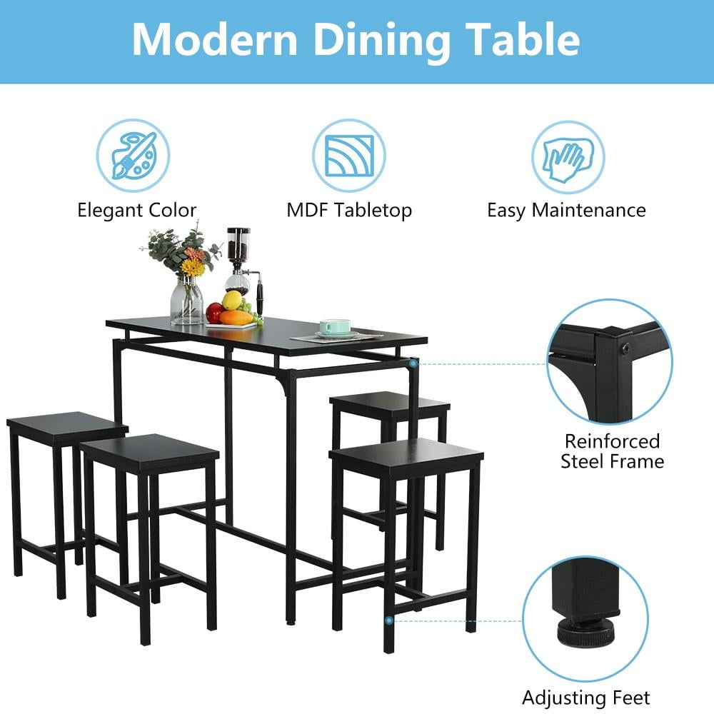 Dining Room Set for 4, Kitchen Bar Table Set with 4 Stools, Rectangle Counter Height Dining Set, Saving Space Bistro Table Sets for Kitchen Bar Breakfast Nook, Black