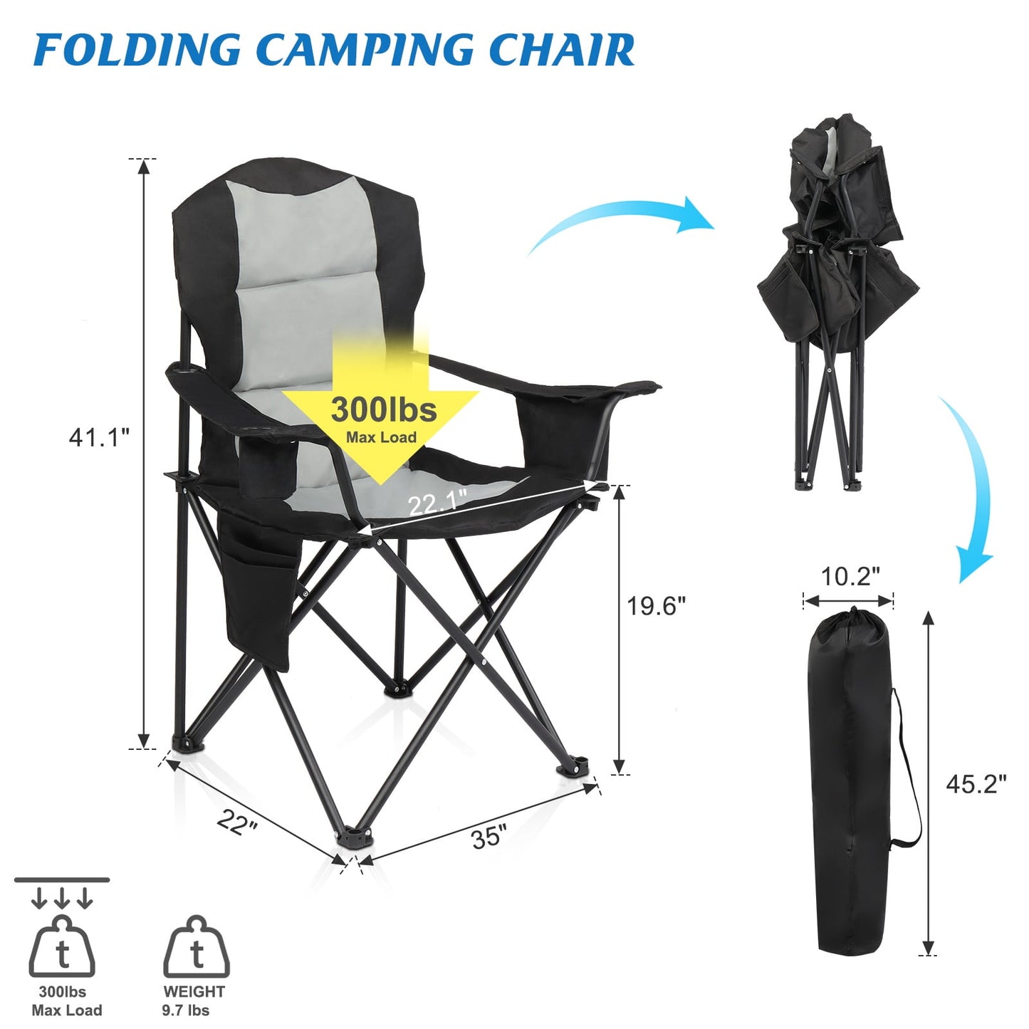 Folding Camping Chair, Ultralight Outdoor Portable Chair with Cup Holder and Carry Bag, Padded Armrest Oversized Camping Chair, Collapsible Lawn Chair for BBQ, Beach, Hiking, Picnic