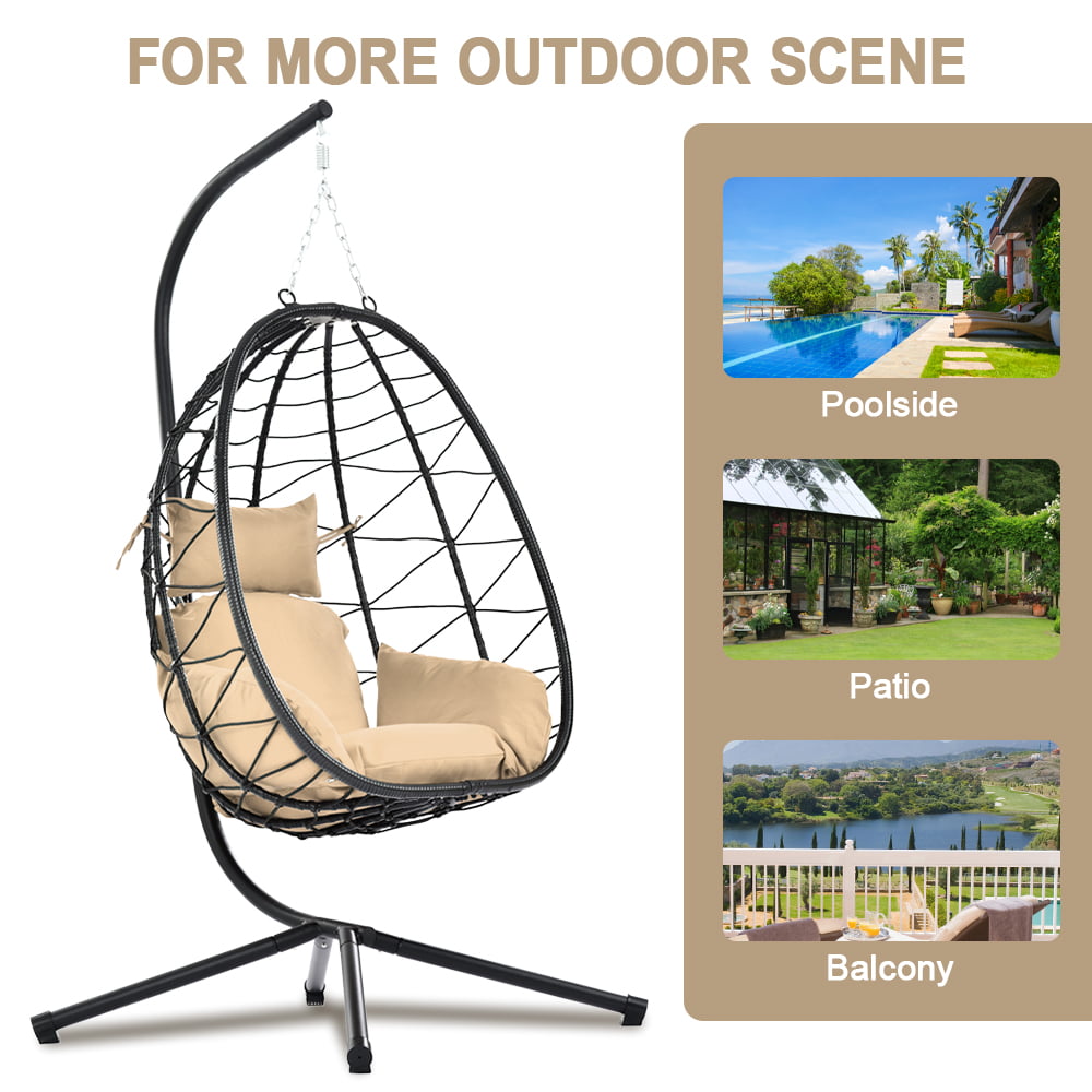 Outdoor Egg Chair, Patio Wicker Swing Egg Chair with Stand, Steel Frame Hanging Chair with Soft Cushion and Pillow for Bedroom Patio Balcony