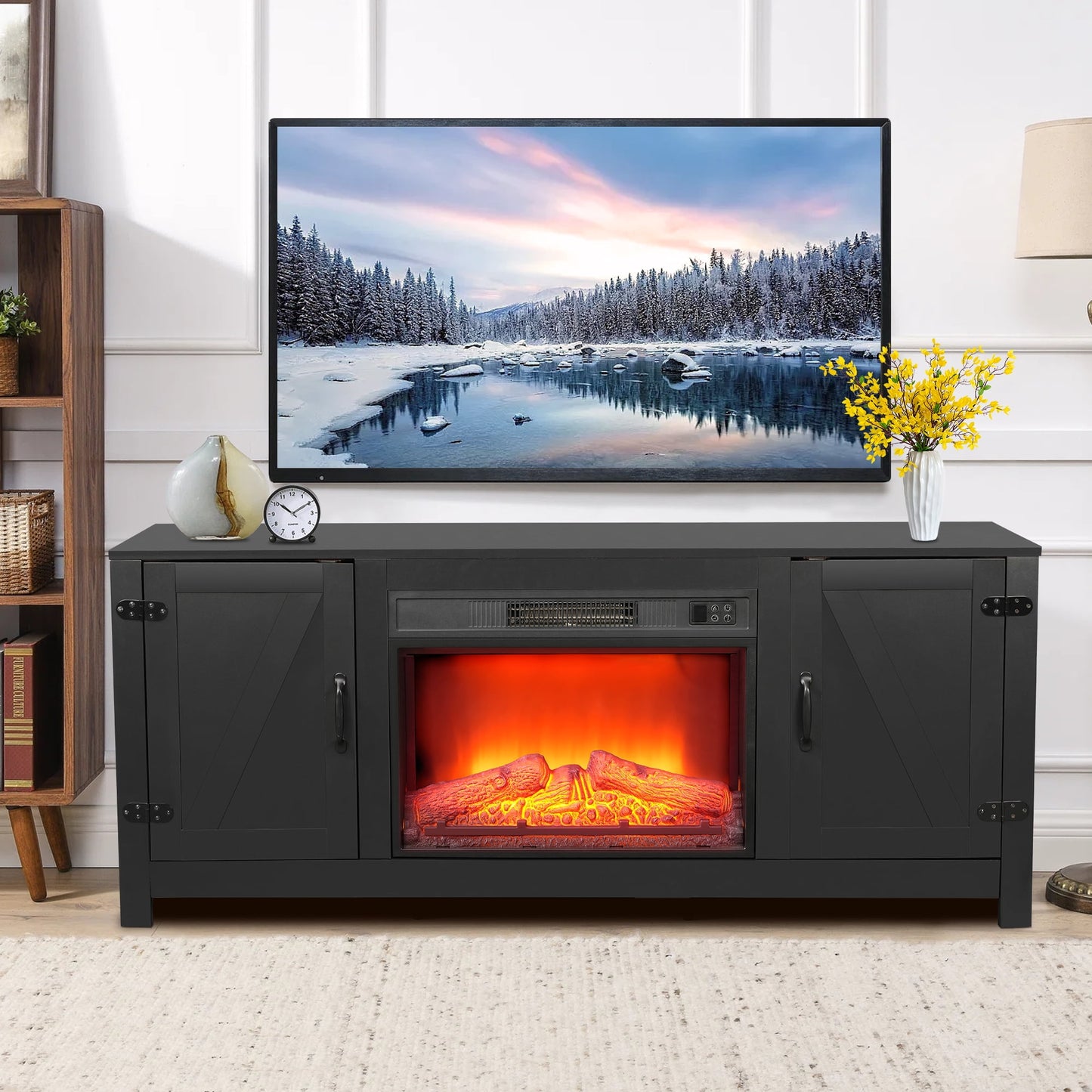 58" Electric Fireplace Heater TV Stand for 65" TVs, Wood Fake Fireplace Heater, Brown Electric Fireplace Entertainment Center with Doors and Adjustable Shelf