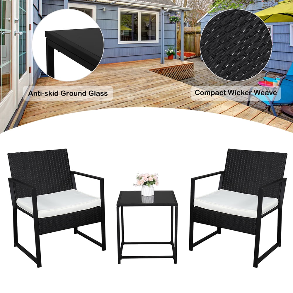 3 Pieces Patio Conversation Chairs Set, Modern Wicker Front Porch Furniture Set, Outdoor Patio Set with 2 Single Chairs and Coffee Table, Deck Poolside Balcony Furniture Set