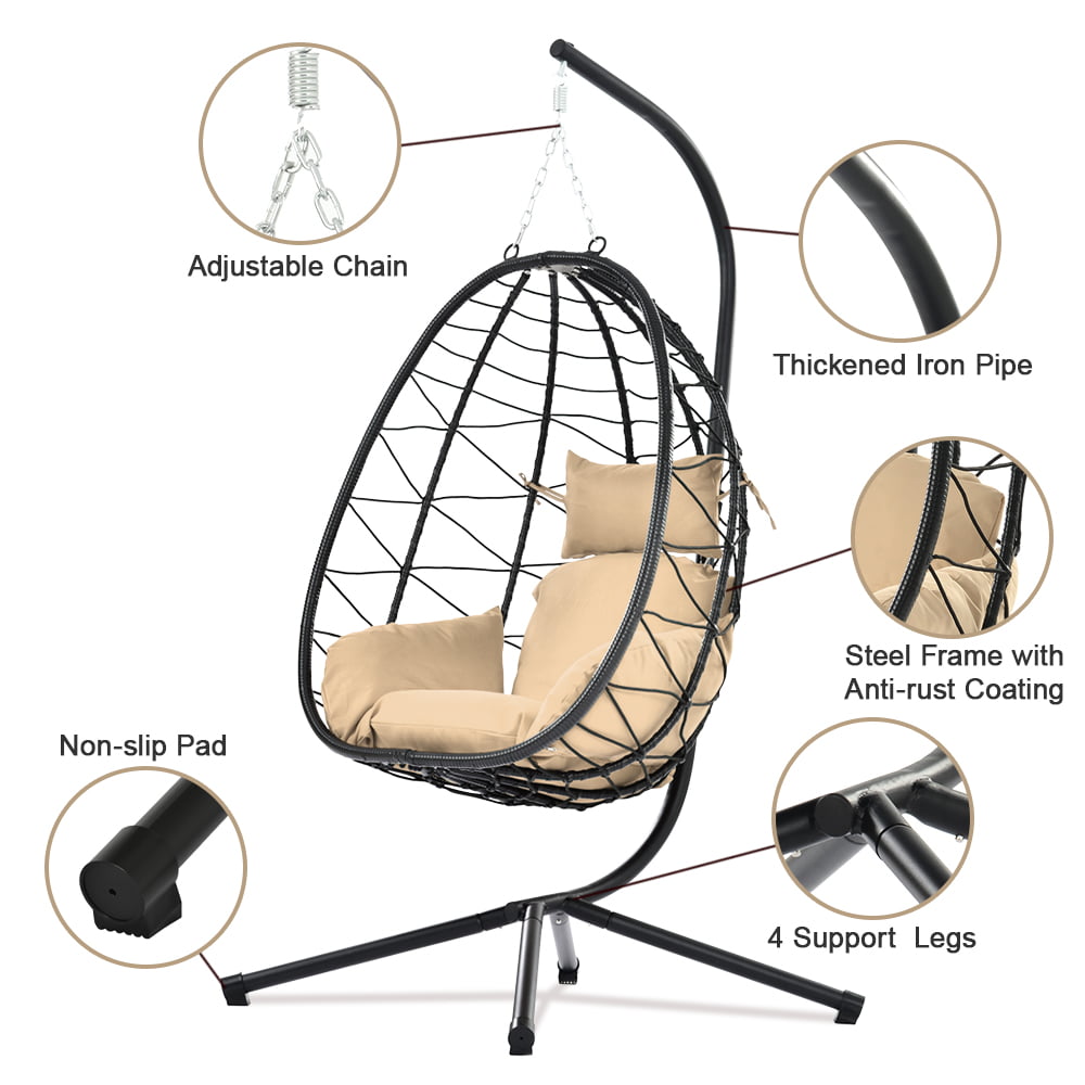 Outdoor Egg Chair, Patio Wicker Swing Egg Chair with Stand, Steel Frame Hanging Chair with Soft Cushion and Pillow for Bedroom Patio Balcony