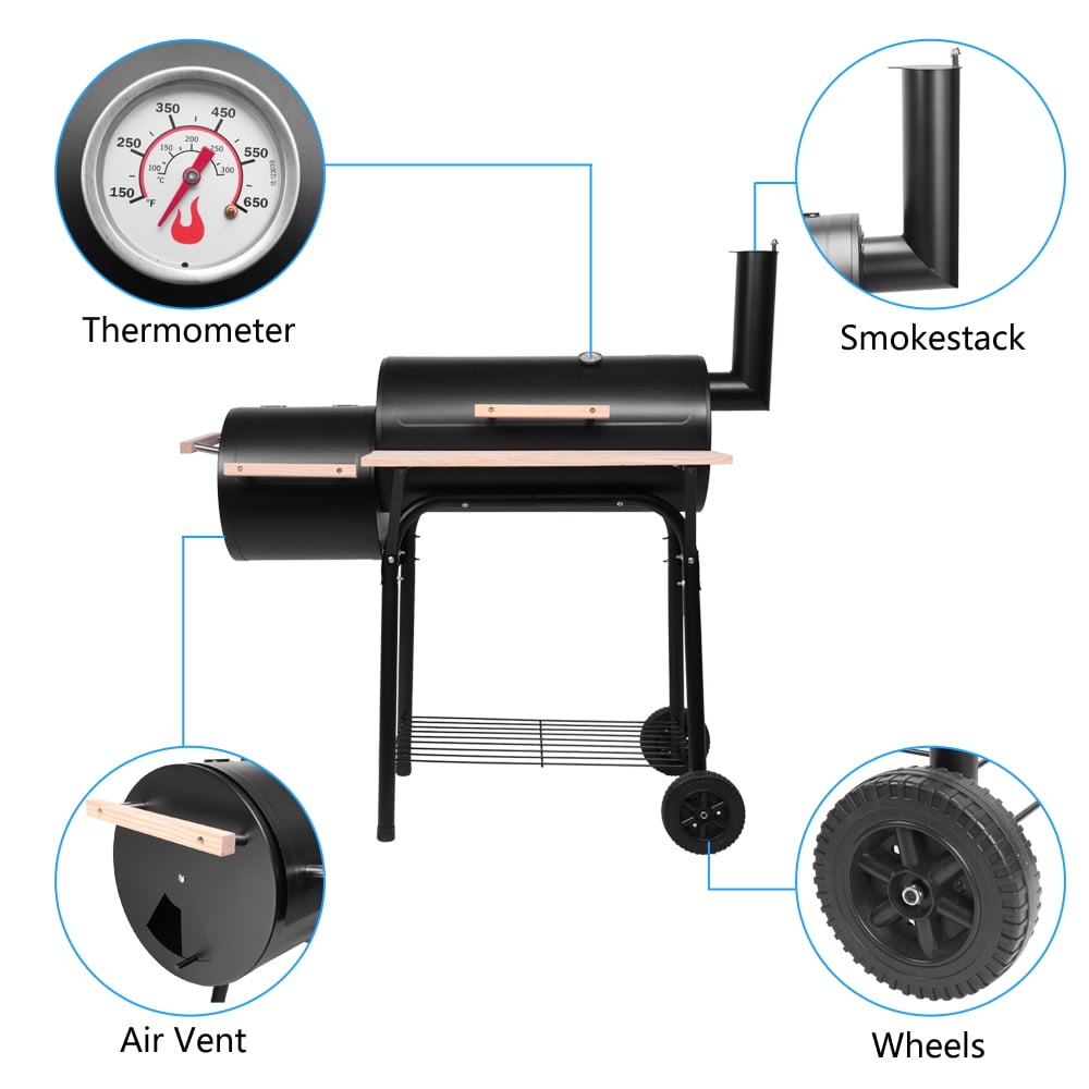 Charcoal Grill, Portable Charcoal Grill and Offset Smoker, Stainless Steel BBQ Smoker with Wood Shelf