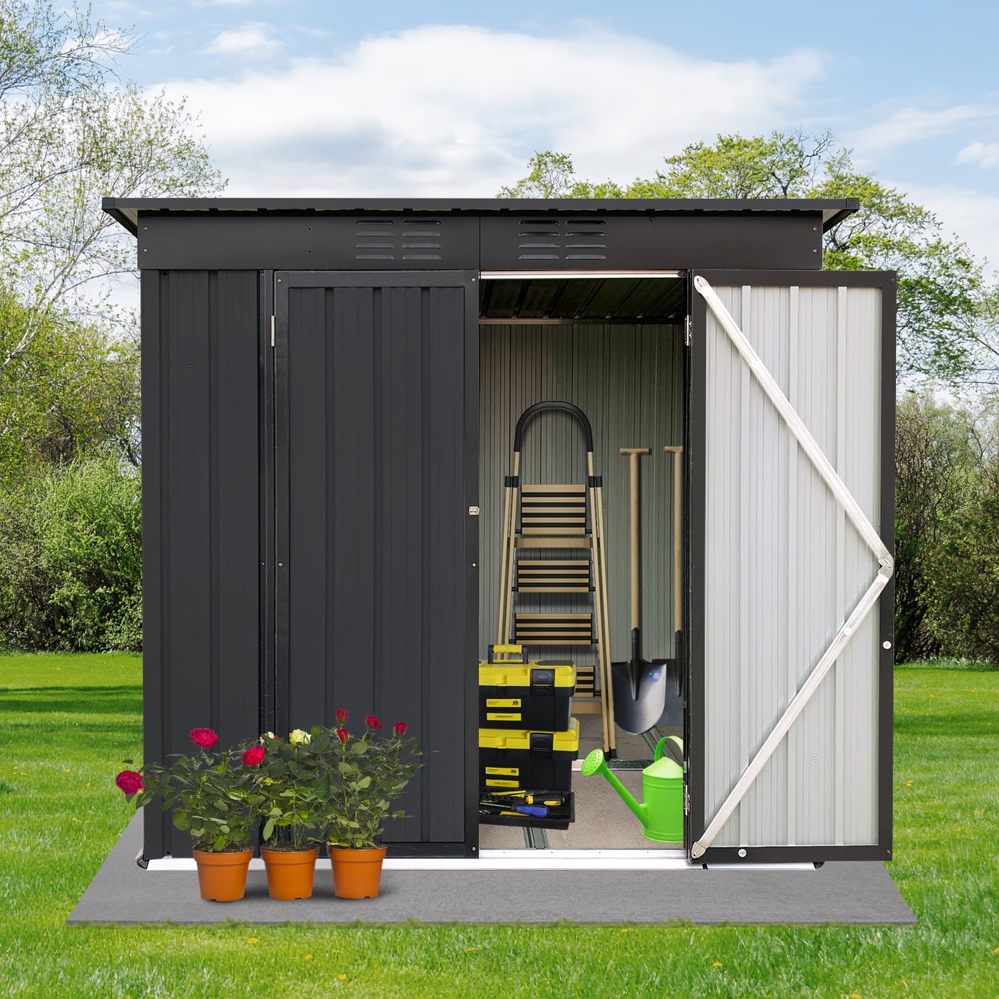 6 x 4 FT Sheds and Outdoor Storage, Metal Storage Shed with Single Lockable Door for Lawnmower, Garden Tools, Bike and Garbage Can, Black Outdoor Storage Cabinet