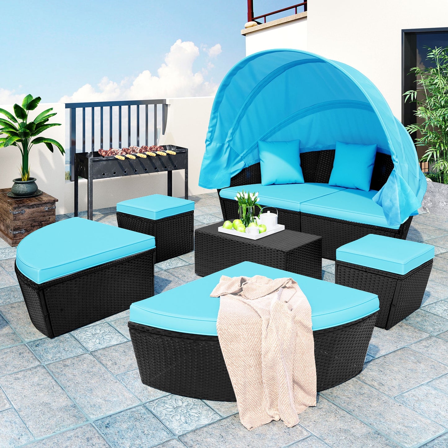 Outdoor Daybed with Canopy, SESSLIFE Outdoor Sofa Patio Furniture Sets, Rattan Patio Sunbed for Porch Lawn Garden Poolside