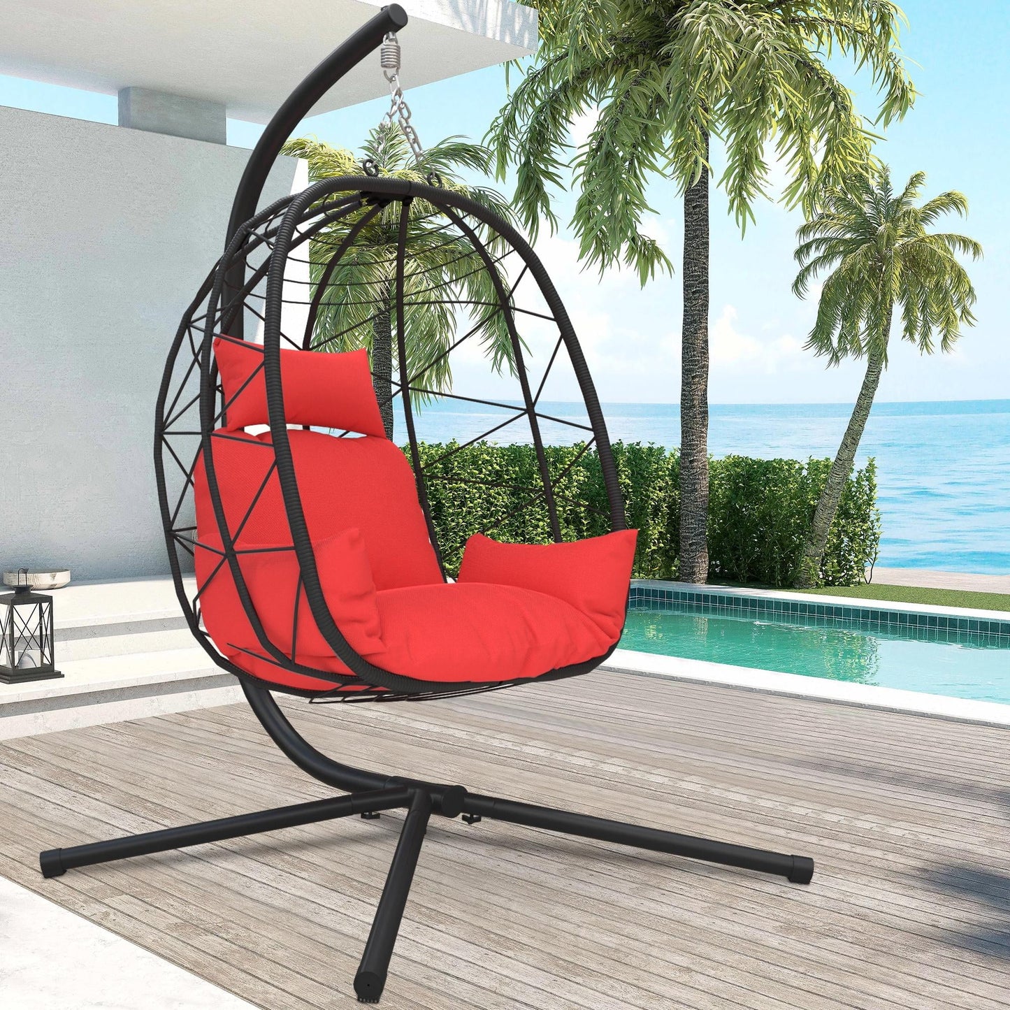Outdoor Egg Chair, Patio Wicker Swing Egg Chair with Stand, Steel Frame Hanging Chair with Soft Cushion and Pillow for Bedroom Patio Balcony