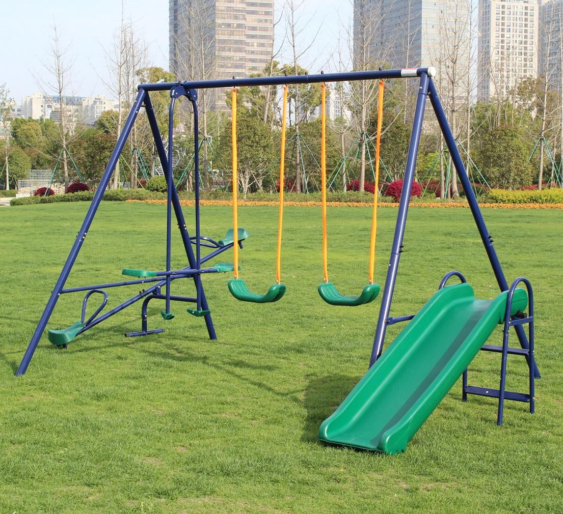 Outdoor Swing Sets for Kids, Kids Swing Frame with Ground Nail, Heavy-Duty Metal Swing, with Teeter-totter, Glider Set, A-Frame Swing Stand, Outdoor Play Equipment Swing Set for 3-8 Year