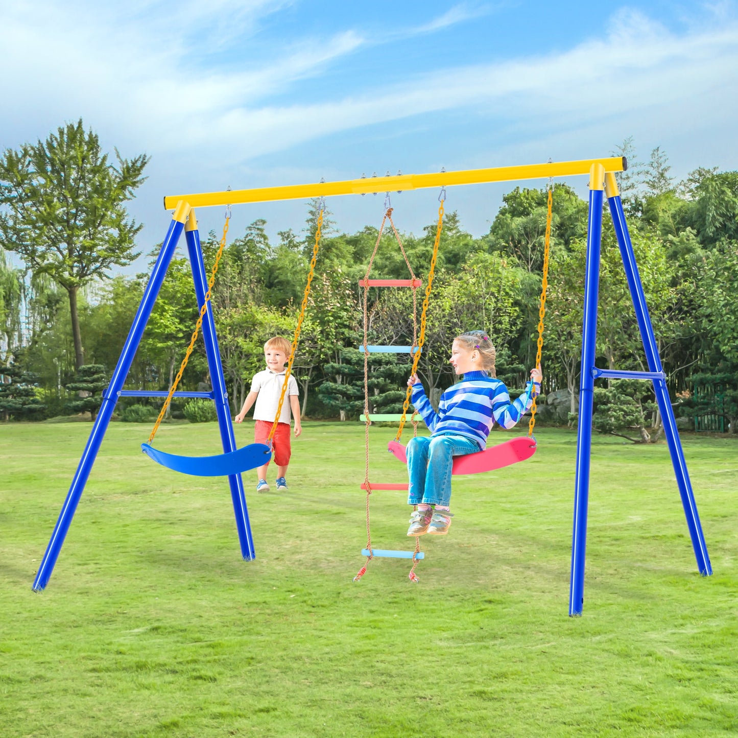 Outdoor Swing Sets for Kids, Kids Swing Frame with Ground Nail, Heavy-Duty Metal Swing, with Teeter-totter, Glider Set, A-Frame Swing Stand, Outdoor Play Equipment Swing Set for 3-8 Year