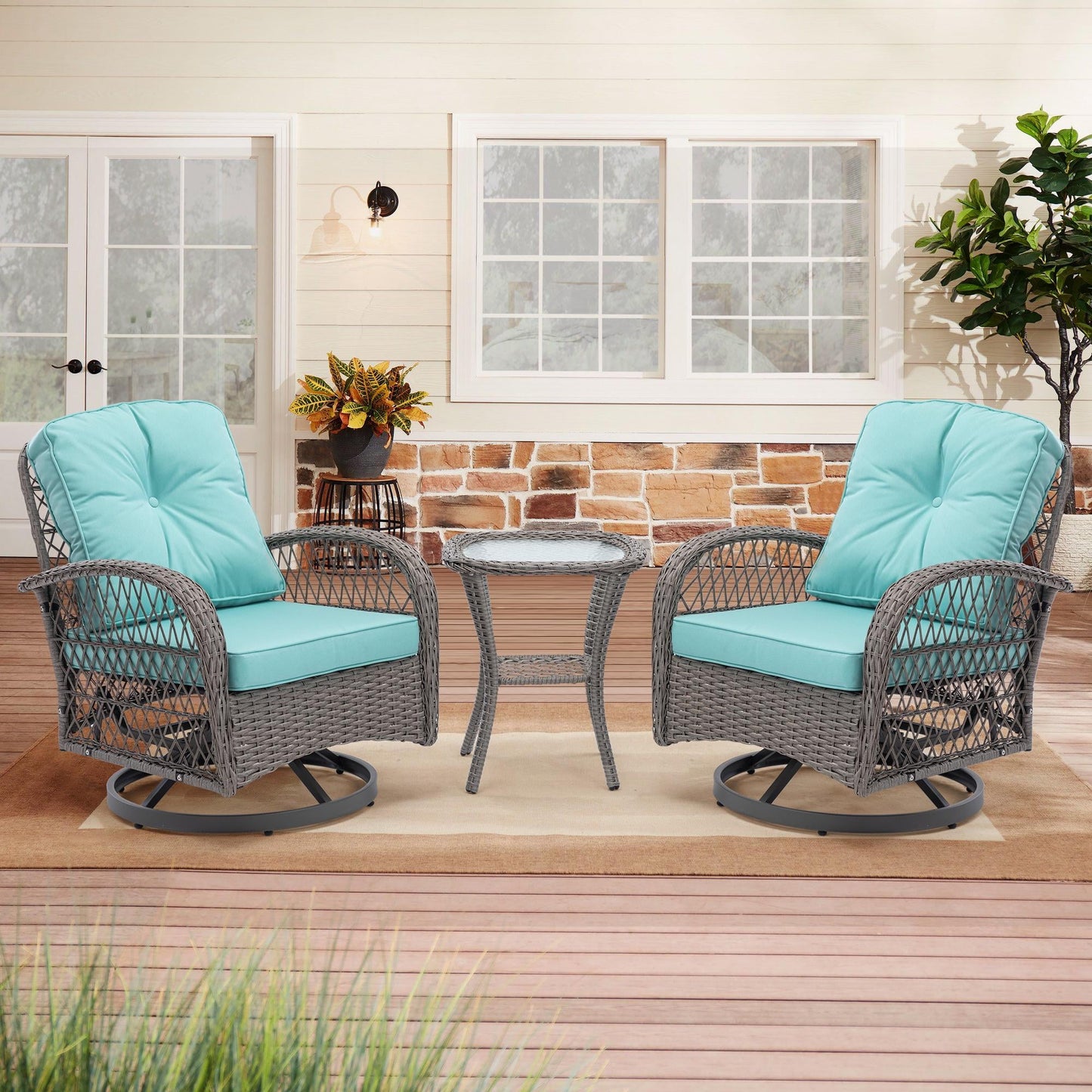 Swivel Patio Chairs Set, 3 Pieces Outdoor Swivel Gliders Rocker Furniture Set with Side Table, 360° Rocking Patio Conversation Set for Porch Poolside Backyard