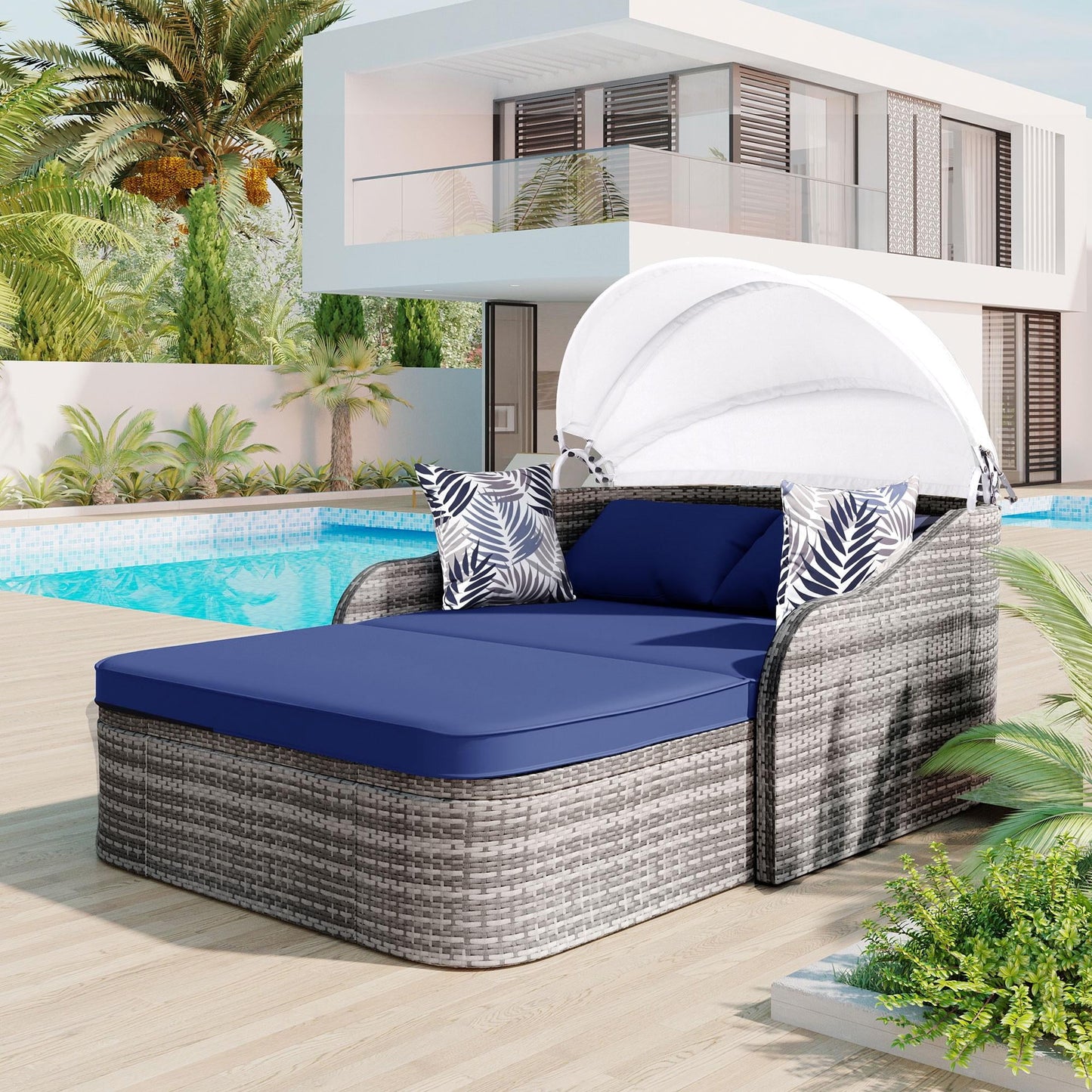 Rattan Daybed with Canopy, Outdoor Double Chaise Lounge Sofa, Wicker Furniture Outdoor Sunbed Patio Seating Set with Cushions for Backyard Poolside Deck
