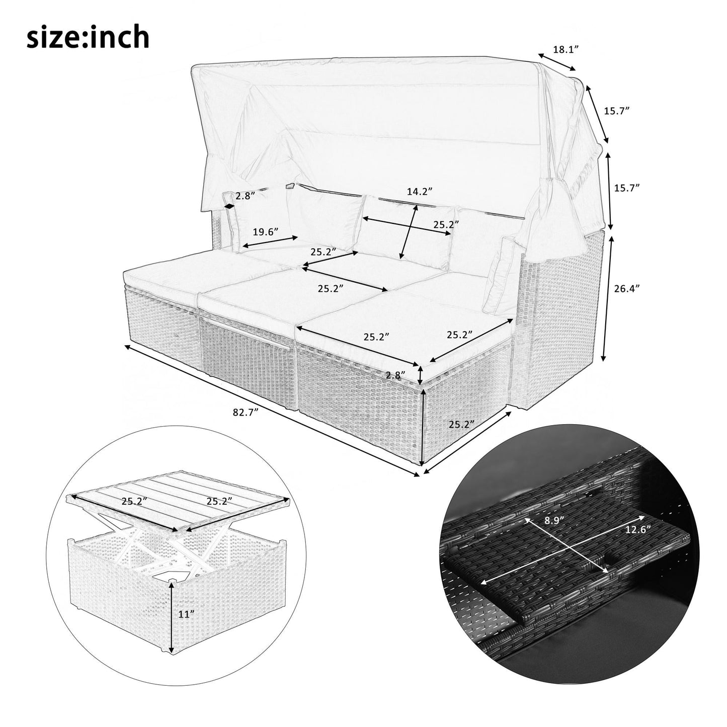 Outdoor Daybed with Retractable Canopy, Rectangle Rattan Daybed, Wicker Furniture Sectional Sofa Patio Seating Set with Cushions for Backyard Pool Deck