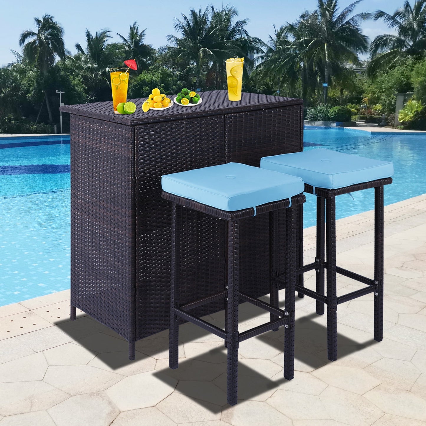 Sesslife Bar Height Outdoor Dining Table Set for 2, Rattan Patio Furniture Dining Table with 2 Stools, Lawn Garden Balcony Sectional Conversation Set