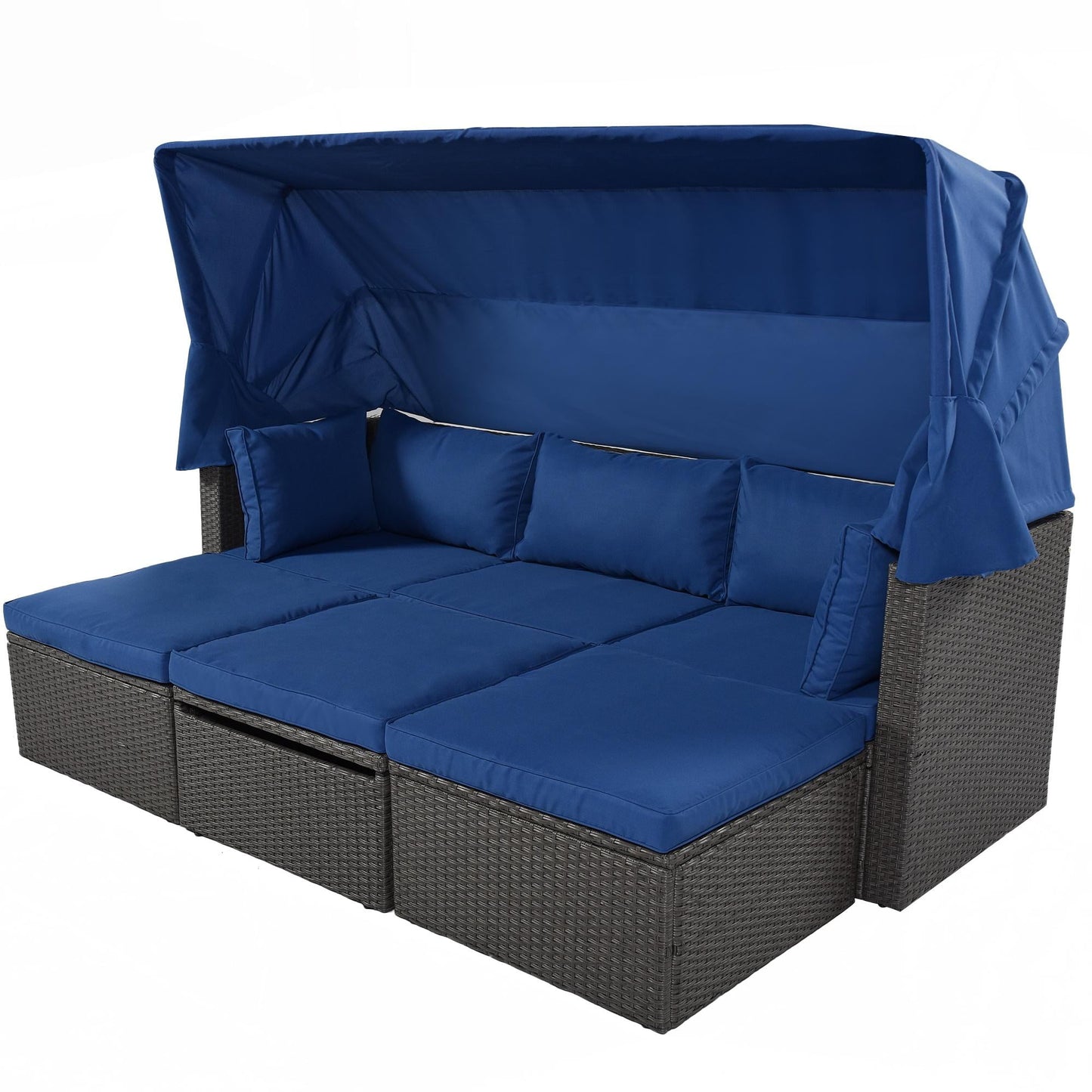 Outdoor Daybed with Retractable Canopy, Rectangle Rattan Daybed, Wicker Furniture Sectional Sofa Patio Seating Set with Cushions for Backyard Pool Deck