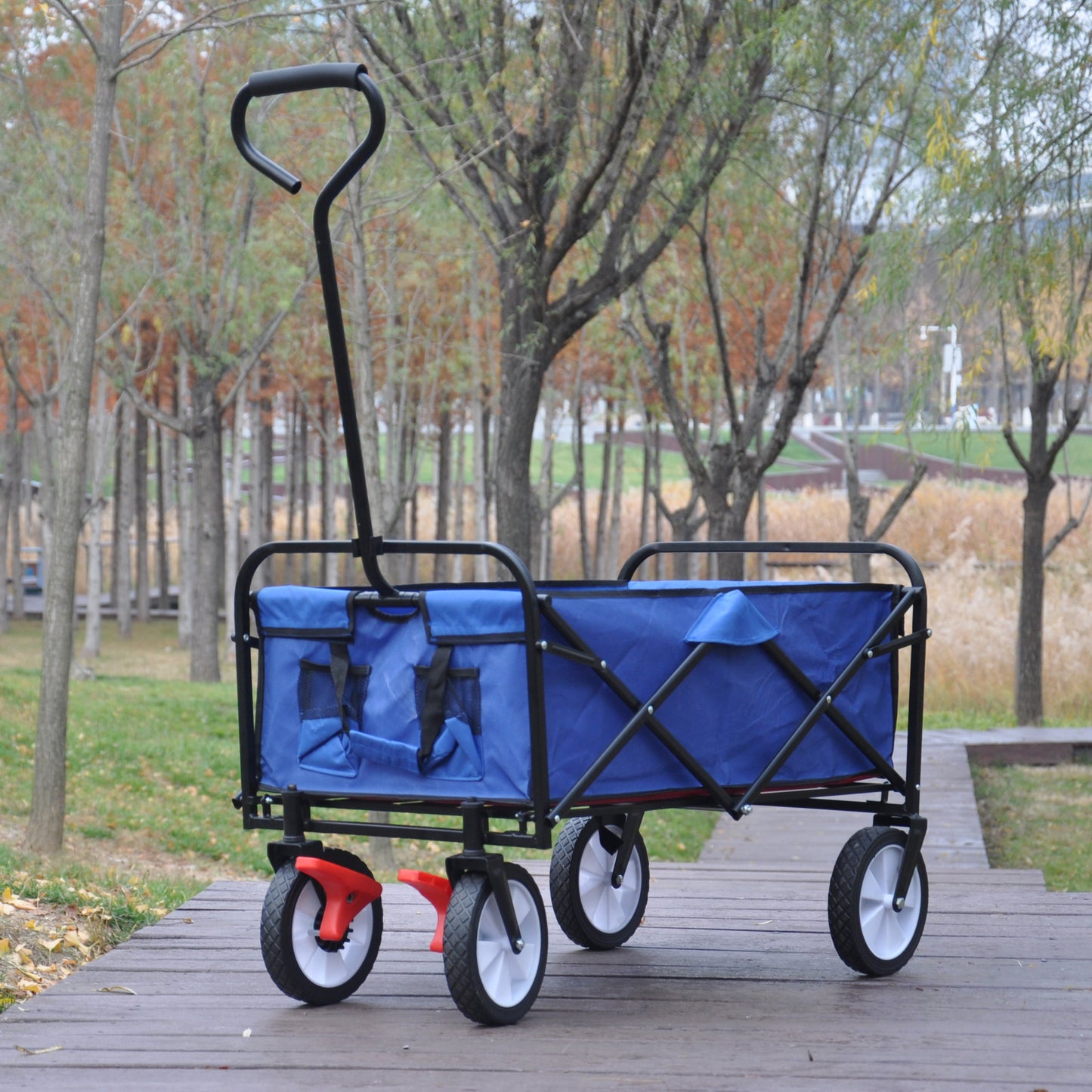 Utility Garden Wagon, Heavy Duty Collapsible Wagon, All Terrain Wheels Beach Wagon, Adjustable Handles and 600D polyester Fabric,