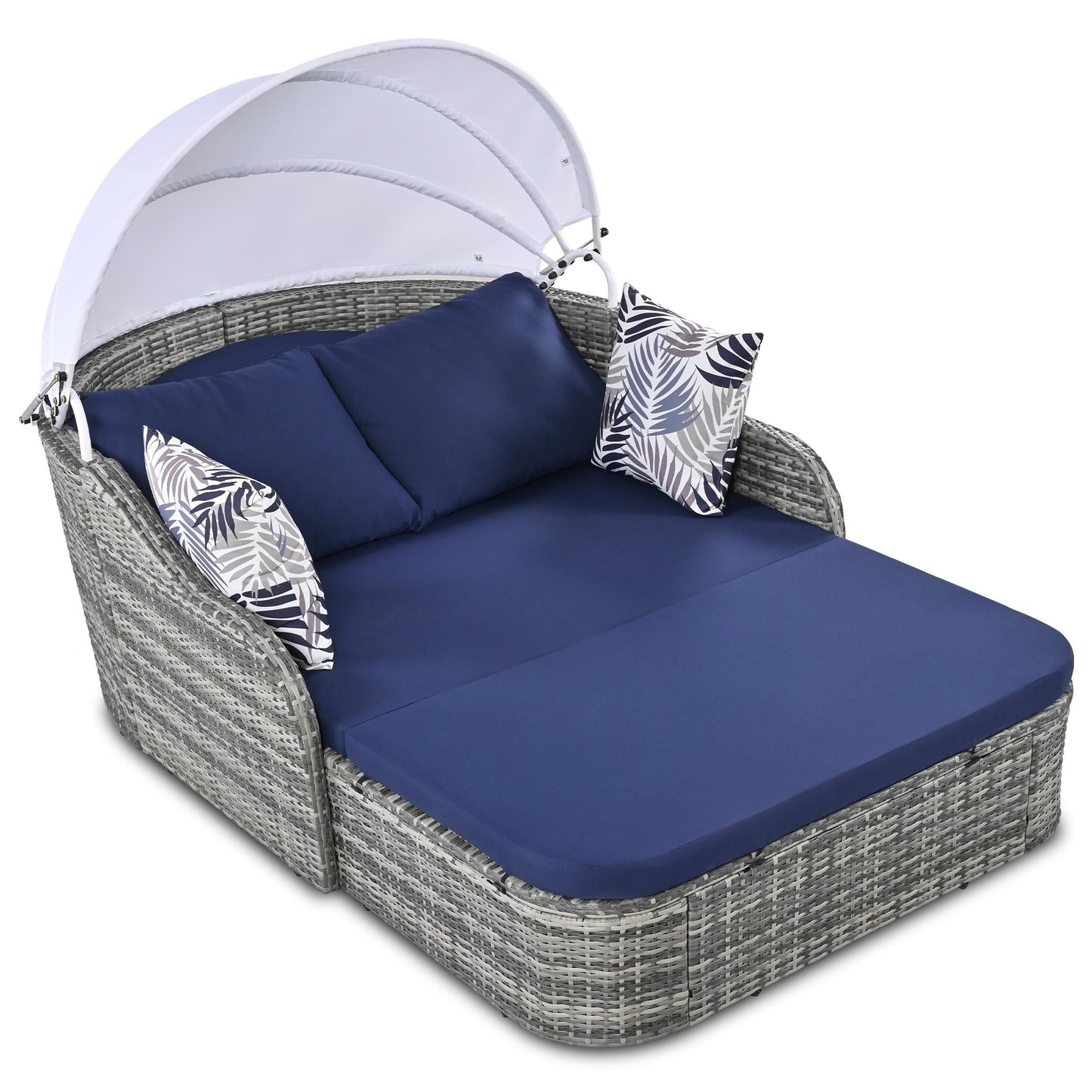 Rattan Daybed with Canopy, Outdoor Double Chaise Lounge Sofa, Wicker Furniture Outdoor Sunbed Patio Seating Set with Cushions for Backyard Poolside Deck