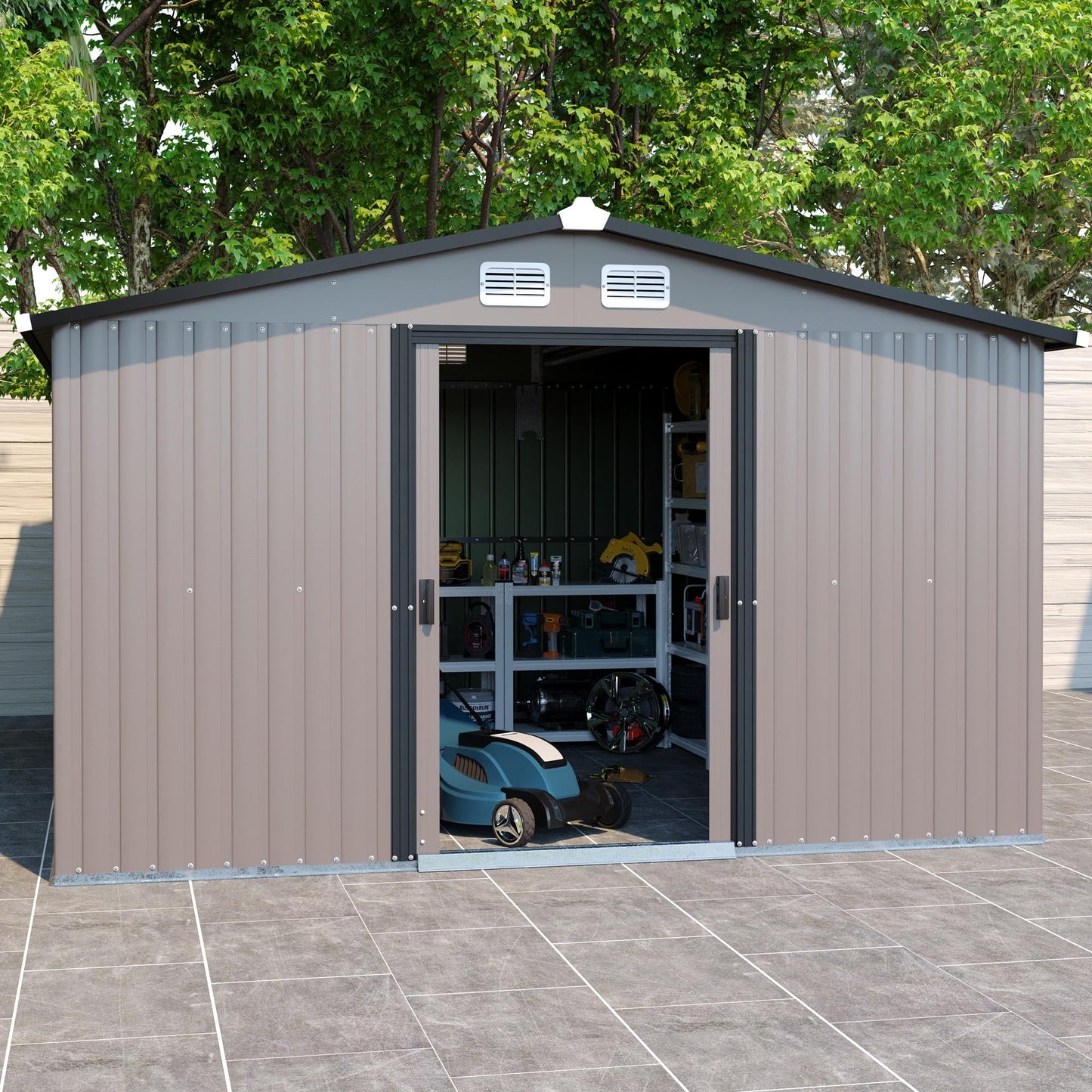 Metal Outdoor Storage Shed, 12' x 10' Large Sheds and Outdoor Storage House with Lockable Door, Garden Storage Shed Pet House for Lawnmower, Garden Tools, Bike, Garage,