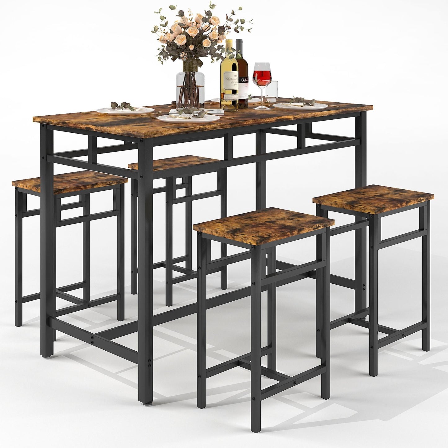 Dining Room Set for 4, Kitchen Bar Table Set with 4 Stools, Rectangle Counter Height Dining Set, Saving Space Bistro Table Sets for Kitchen Bar Breakfast Nook, Black