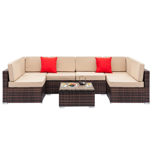 Wicker Patio Sofa Sets, 7 Pieces Outdoor Seating Sets, Lounge Sofa and Tempered Glass Coffee Table, Deck Front Garden Furniture Set