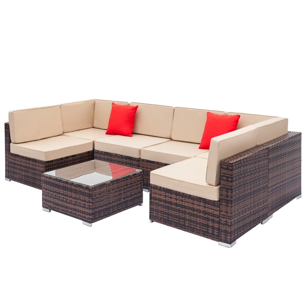 Wicker Patio Sofa Sets, 7 Pieces Outdoor Seating Sets, Lounge Sofa and Tempered Glass Coffee Table, Deck Front Garden Furniture Set