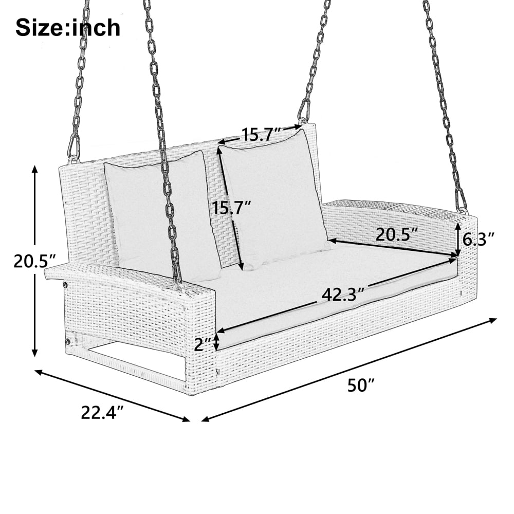 2 Person Hanging Porch Swing, Brown Wicker Outdoor Swing Chair and Removable Cushion, Patio Swing Glider for Garden, Poolside, Balcony