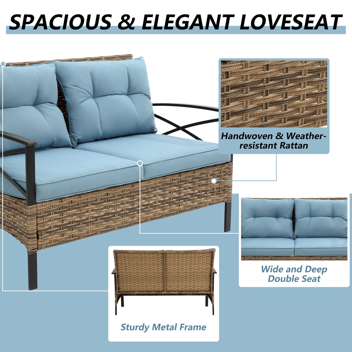 4 Piece Rattan Conversation Sets, Brown Wicker Patio Bistro Set with Loveseat and Coffee Table, Weather Resistant Patio Furniture Set for Deck Porch Garden Balcony