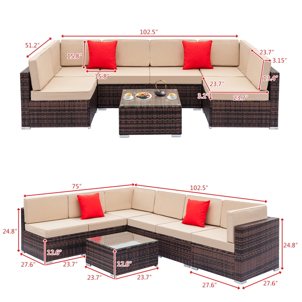 Wicker Patio Sofa Sets, 7 Pieces Outdoor Seating Sets, Lounge Sofa and Tempered Glass Coffee Table, Deck Front Garden Furniture Set