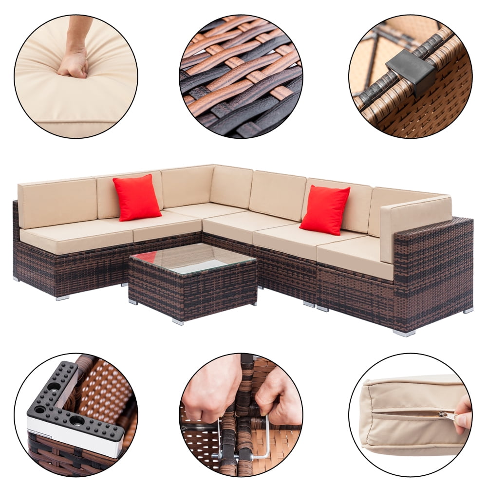 Wicker Patio Sofa Sets, 7 Pieces Outdoor Seating Sets, Lounge Sofa and Tempered Glass Coffee Table, Deck Front Garden Furniture Set