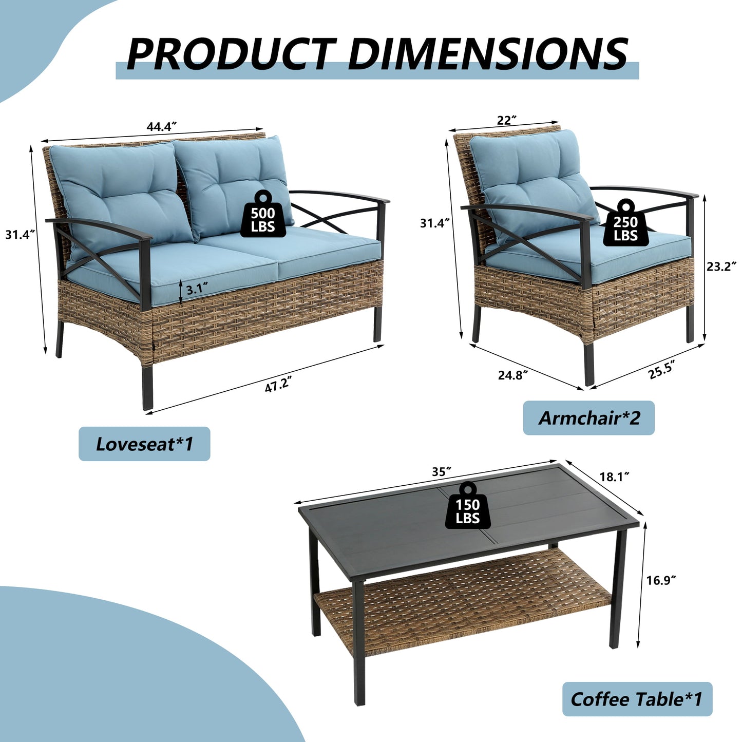 4 Piece Rattan Conversation Sets, Brown Wicker Patio Bistro Set with Loveseat and Coffee Table, Weather Resistant Patio Furniture Set for Deck Porch Garden Balcony