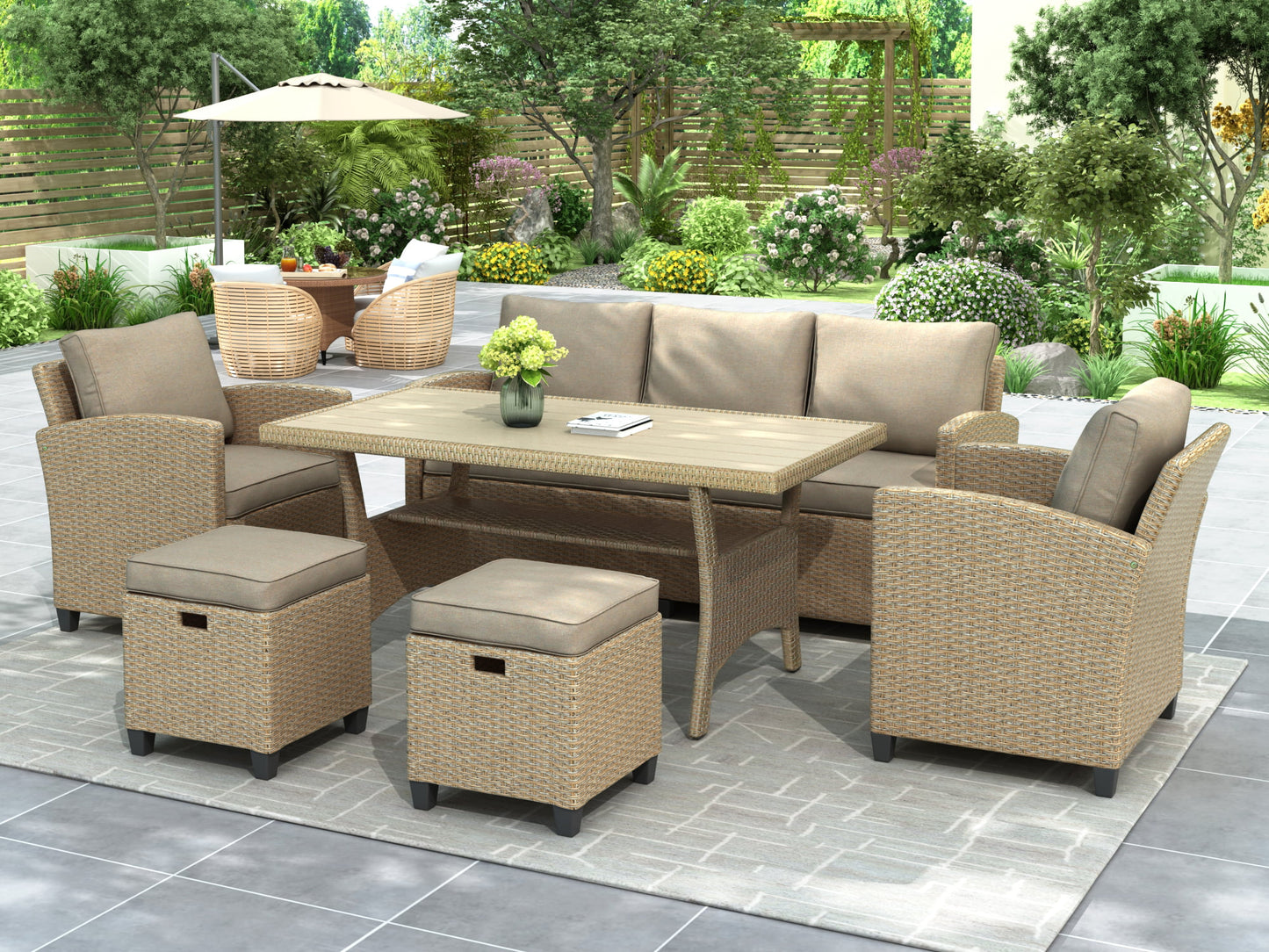 Outdoor Furniture Conversation Set, 6 Pieces Outdoor Sectional Sofa with Dining Table and Stools, All Weather Brown Rattan Patio Dining Set for Backyard, Garden, Poolside