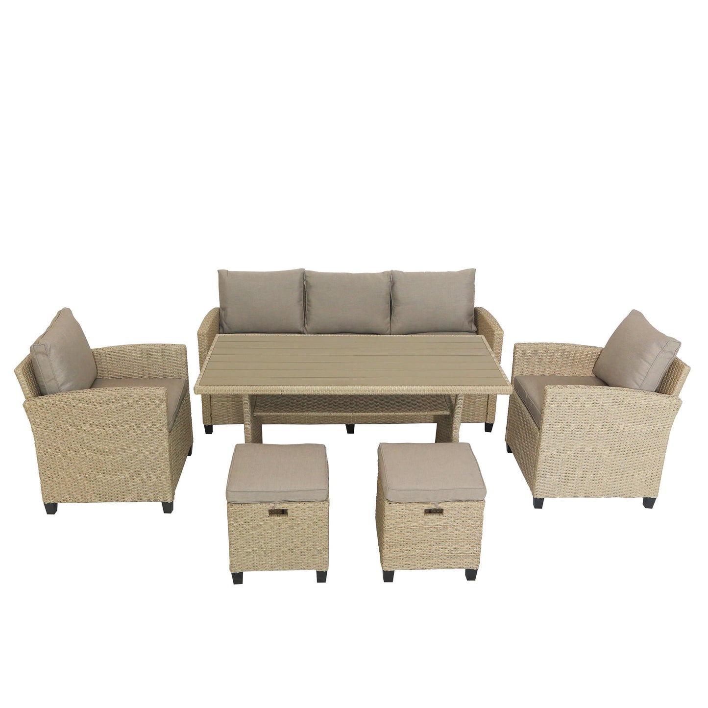 Outdoor Furniture Conversation Set, 6 Pieces Outdoor Sectional Sofa with Dining Table and Stools, All Weather Brown Rattan Patio Dining Set for Backyard, Garden, Poolside