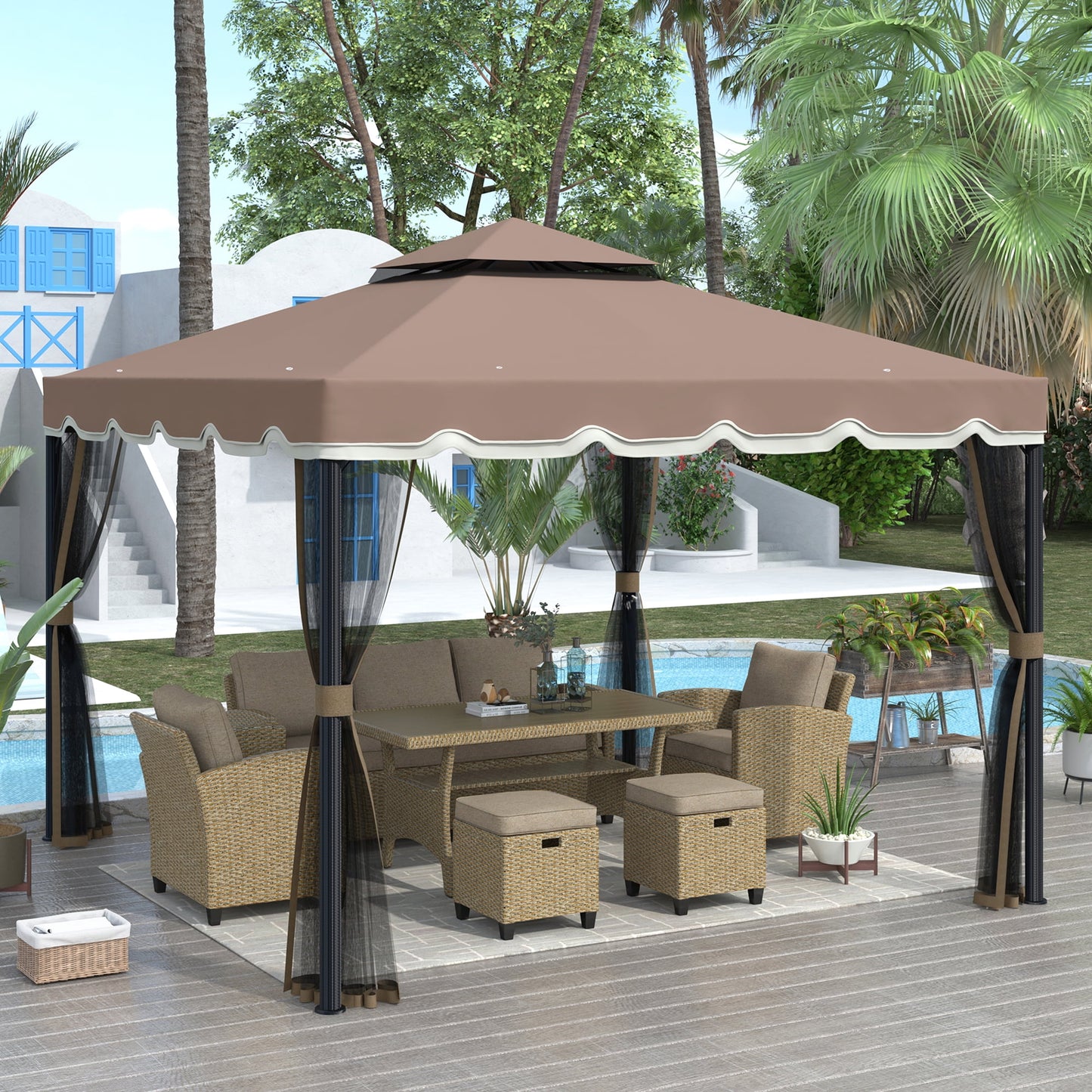 9.8' x 9.8' Gazebos and Canopies, Outdoor Canopy with Mosquito Netting, Brown Pergola Patio Furniture Gazebo for Yard Porch Deck