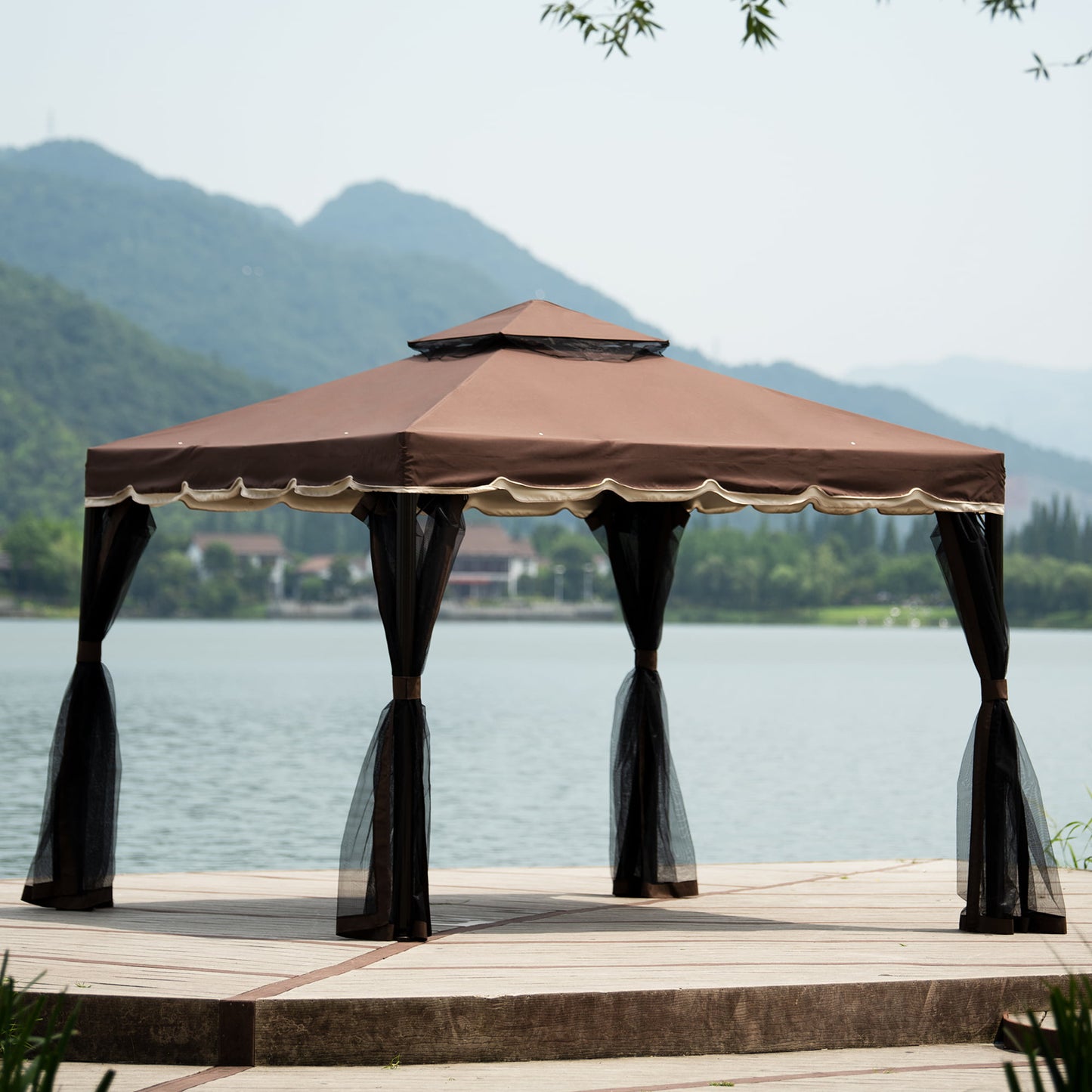 SESSLIFE 10' x 13' Patio Gazebo, Patio Gazebo with Netting and Curtains, Khaki Outdoor Canopy Gazebo for Lawn, Garden, Backyard