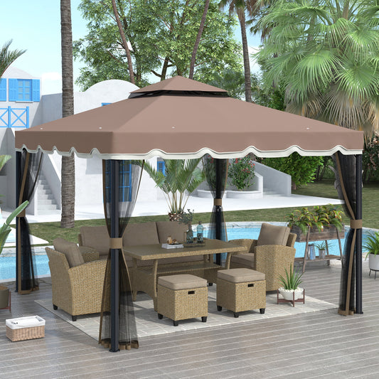 9.8' x 9.8' Gazebos and Canopies, Outdoor Canopy with Mosquito Netting, Brown Pergola Patio Furniture Gazebo for Yard Porch Deck