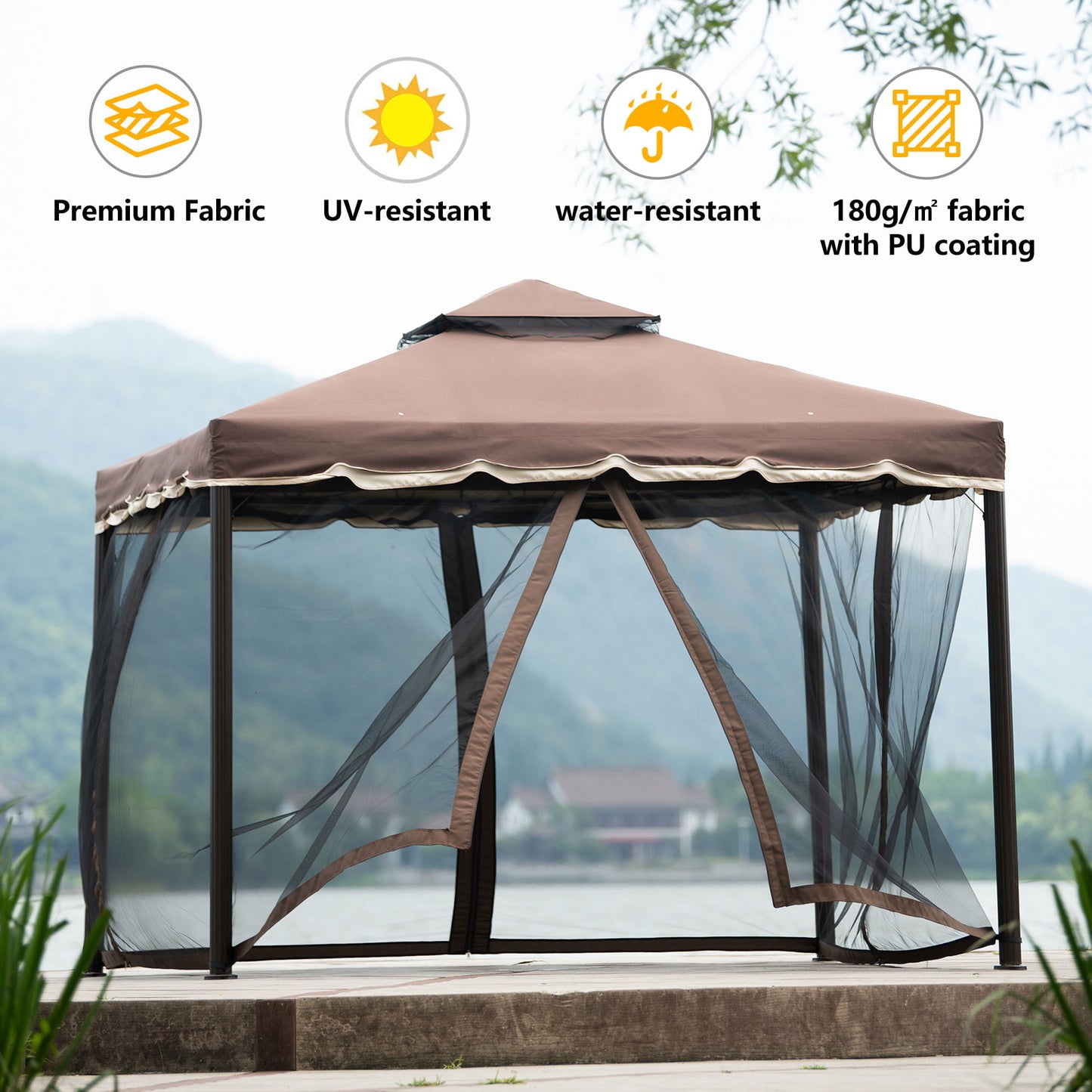 9.8' x 9.8' Gazebos and Canopies, Outdoor Canopy with Mosquito Netting, Brown Pergola Patio Furniture Gazebo for Yard Porch Deck