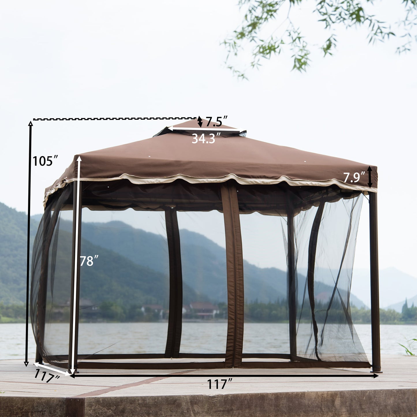 9.8' x 9.8' Gazebos and Canopies, Outdoor Canopy with Mosquito Netting, Brown Pergola Patio Furniture Gazebo for Yard Porch Deck