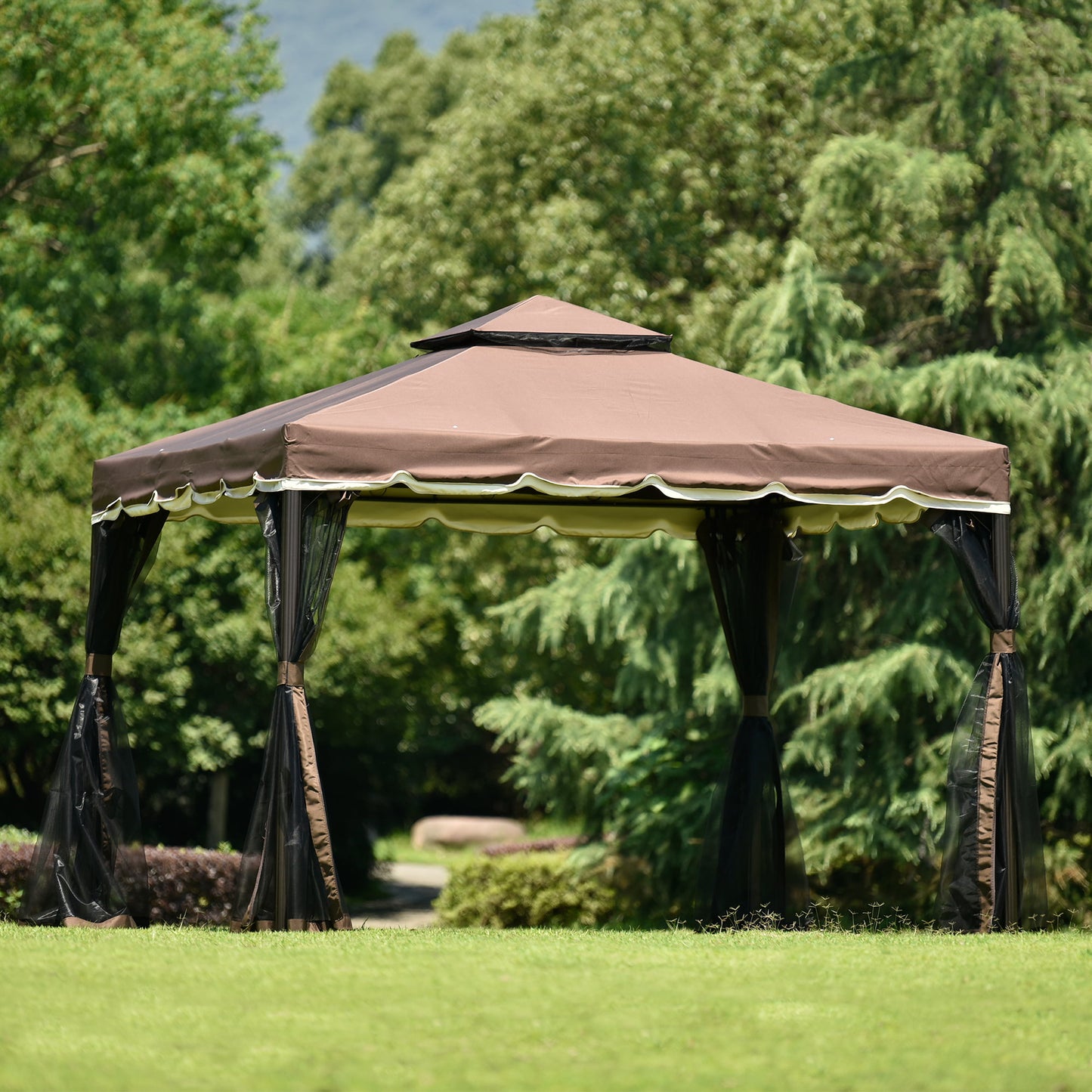 9.8' x 9.8' Gazebos and Canopies, Outdoor Canopy with Mosquito Netting, Brown Pergola Patio Furniture Gazebo for Yard Porch Deck