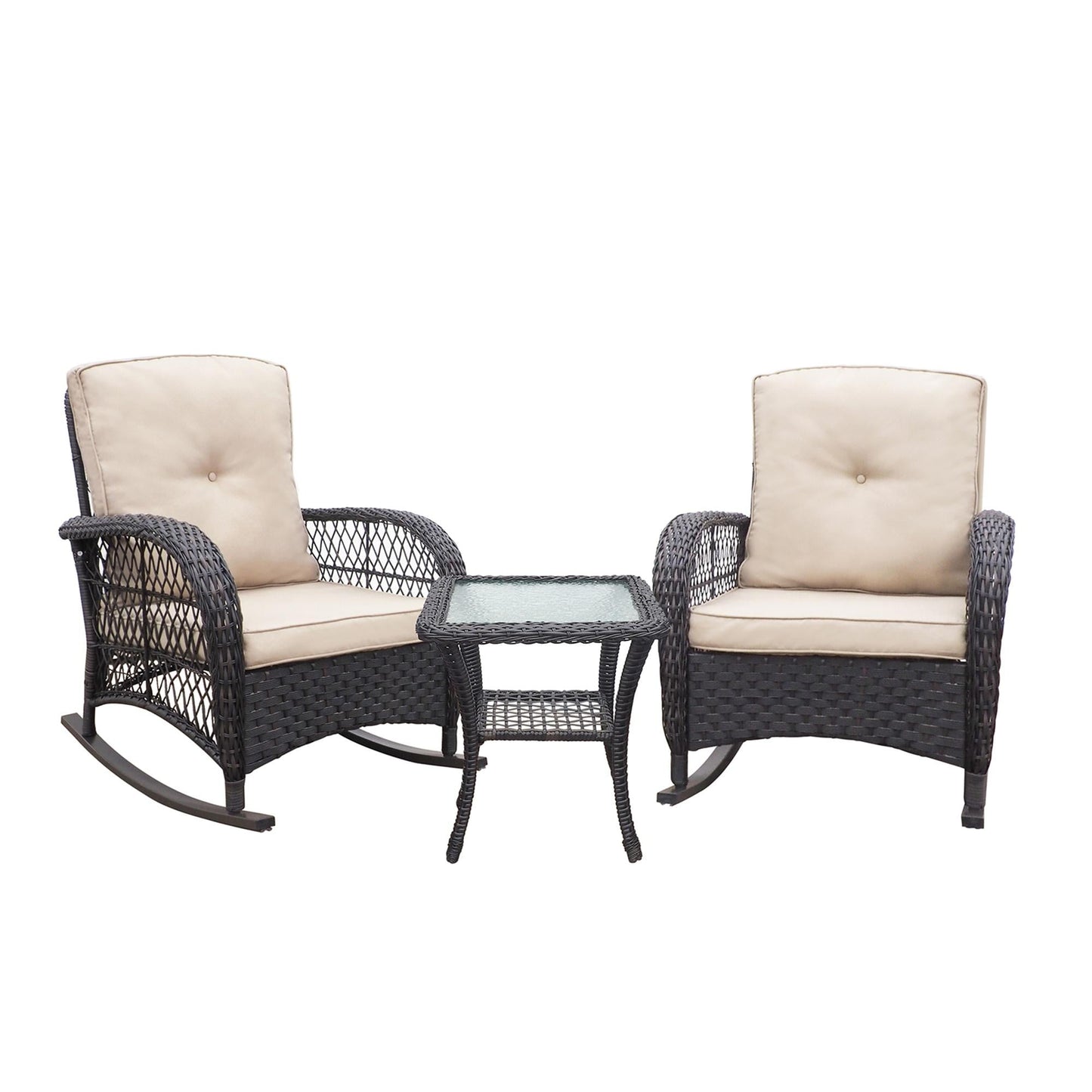 3 Piece Patio Rocking Chair Set, Outdoor Rattan Rocking Bistro Furniture Set with 2 Cushions and Side Table, Patio Conversation Chairs Set for Garden, Porch, Backyard