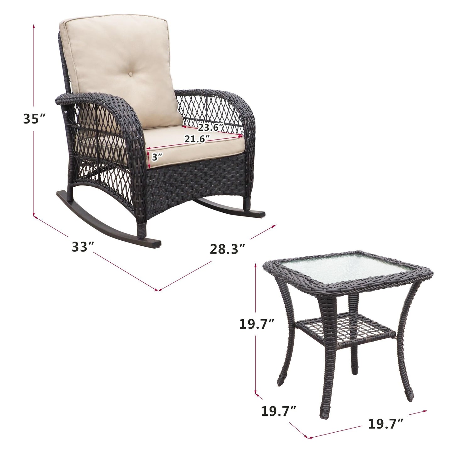 3 Piece Patio Rocking Chair Set, Outdoor Rattan Rocking Bistro Furniture Set with 2 Cushions and Side Table, Patio Conversation Chairs Set for Garden, Porch, Backyard