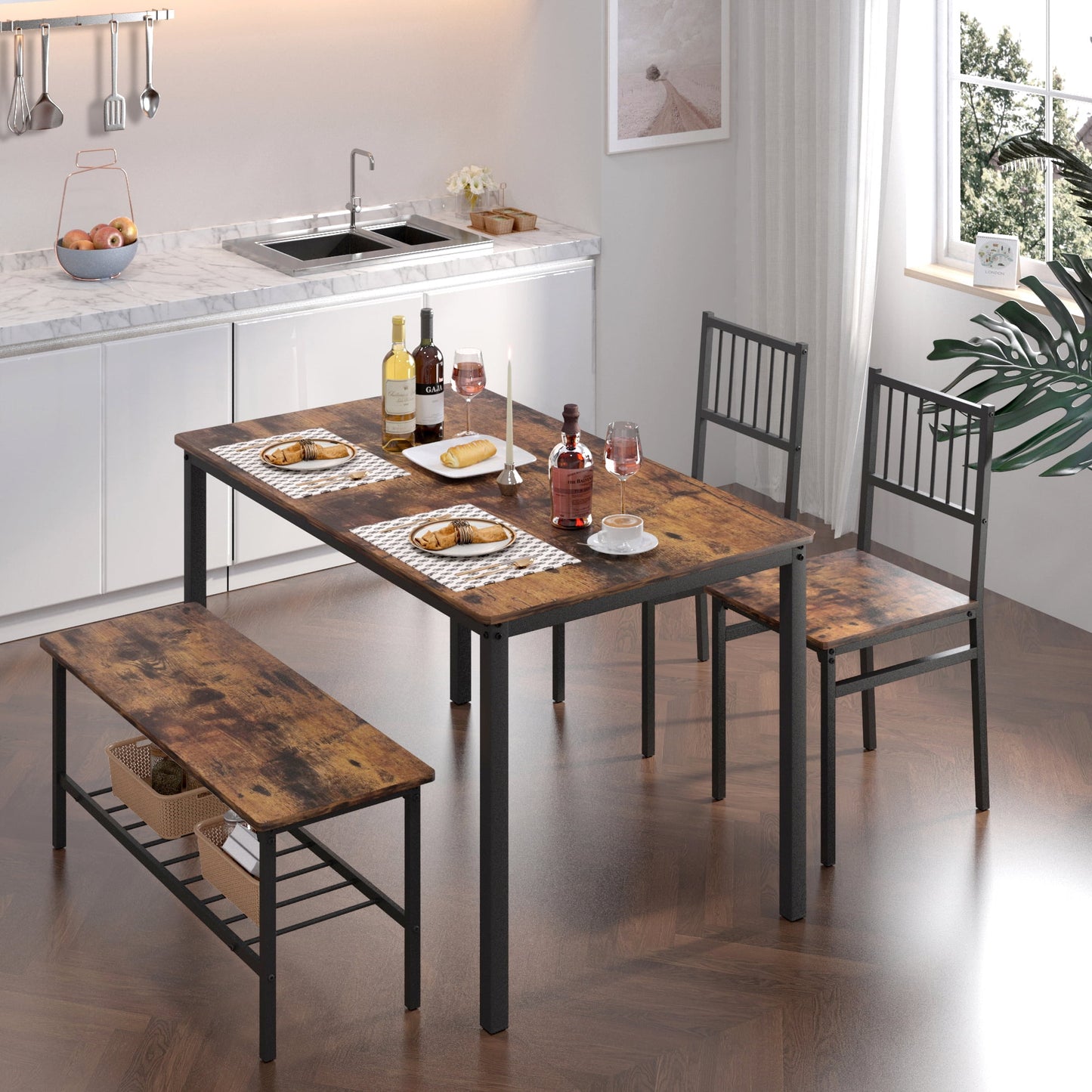 Kitchen Dining Table Set for 4, Modern Dining Room Set with 2 Chairs and Bench, Multifunction Table and Chairs Set for Home Restaurant Pub, Brown