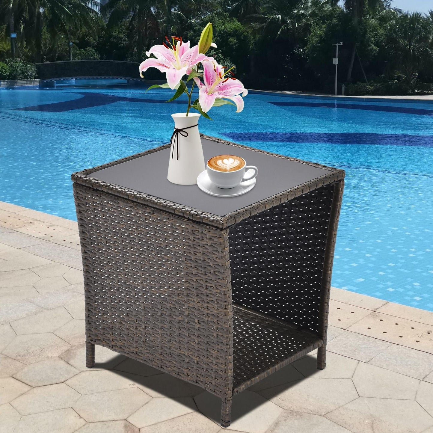 Outdoor Side Table, PE Rattan Patio Side Table, Wicker Square End Side Table, Small Outdoor Side Tables Garden Patio Furniture Deck Table