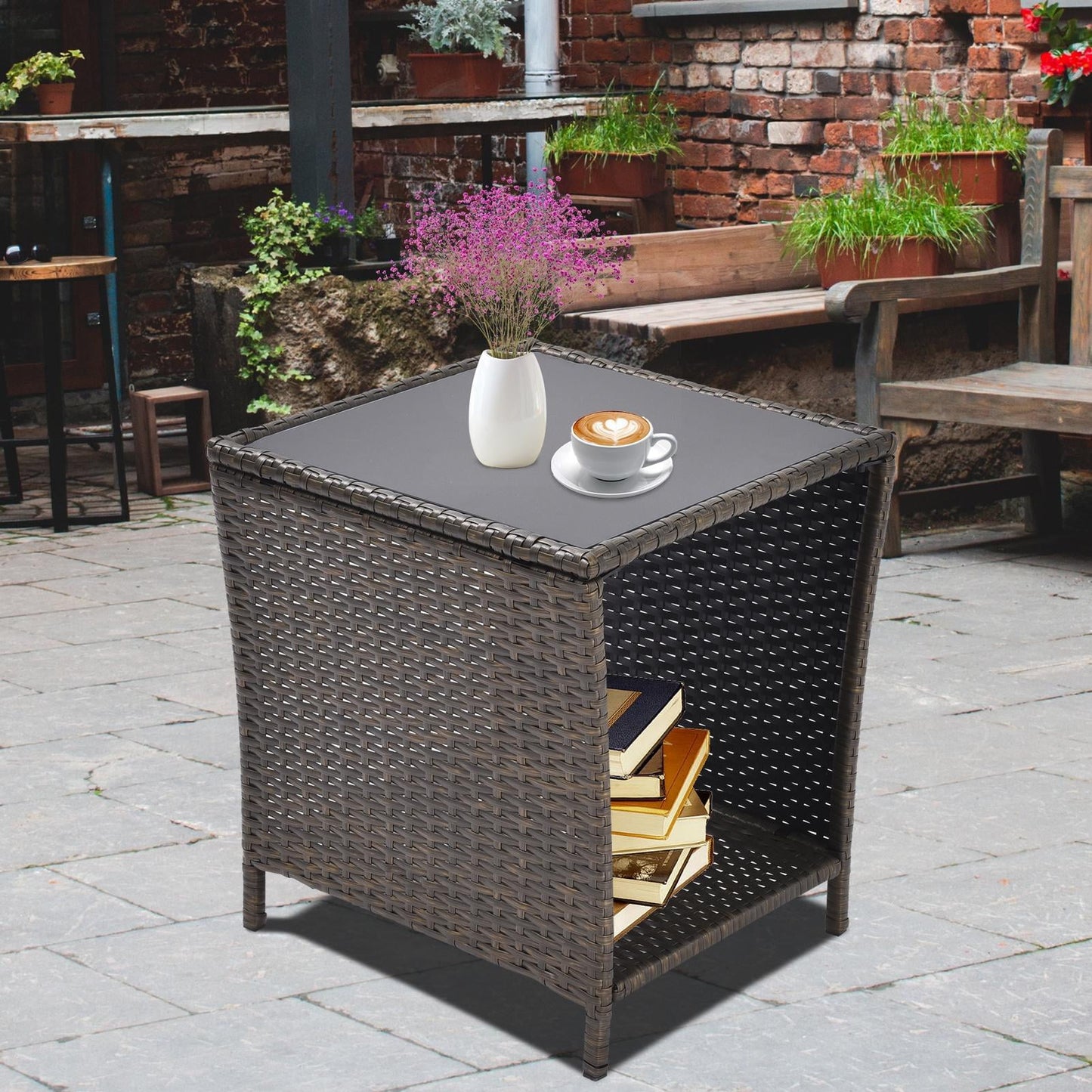 Outdoor Side Table, PE Rattan Patio Side Table, Wicker Square End Side Table, Small Outdoor Side Tables Garden Patio Furniture Deck Table