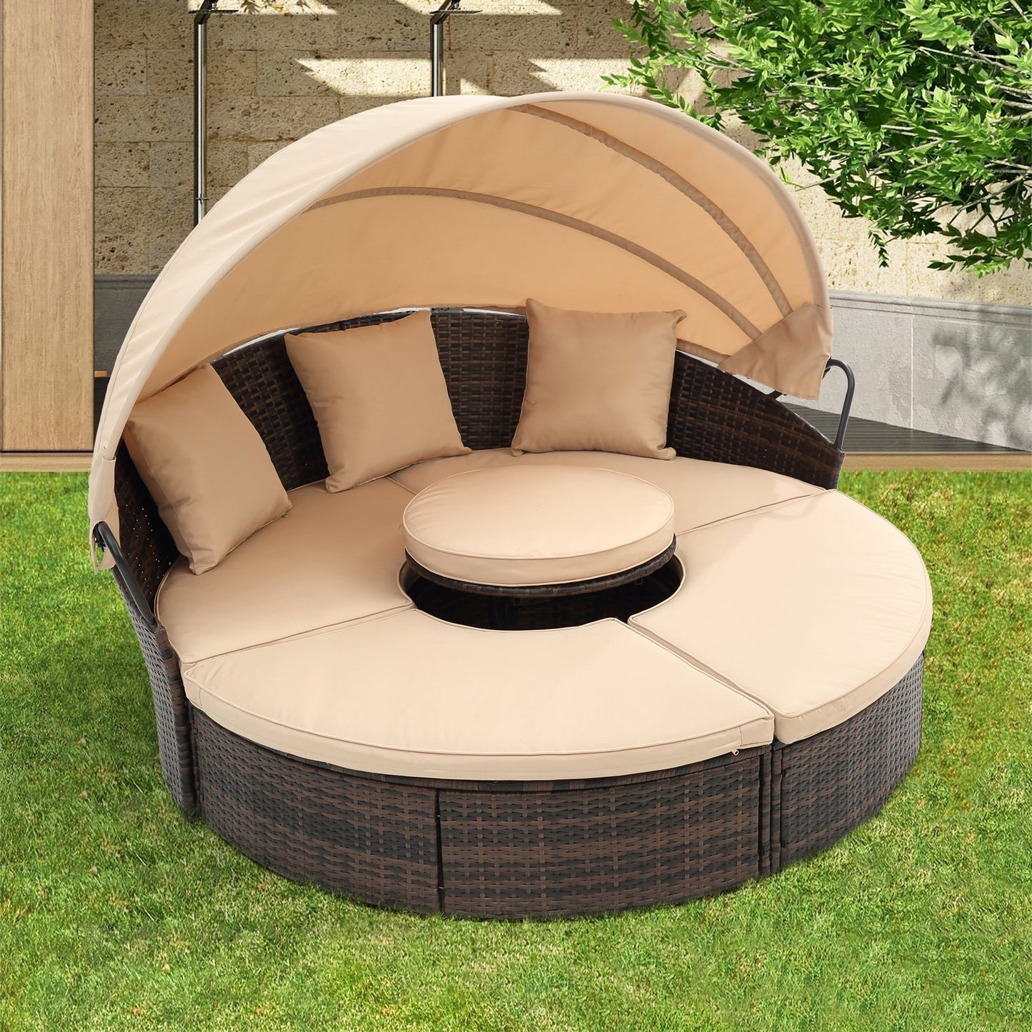 Outdoor Daybed with Canopy, SESSLIFE Outdoor Sofa Patio Furniture Sets, Rattan Patio Sunbed for Porch Lawn Garden Poolside