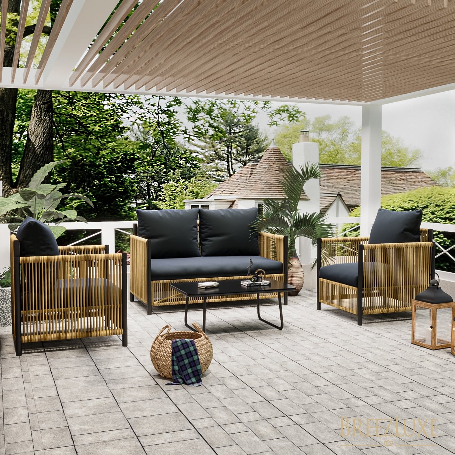 4 Piece Rattan Conversation Sets, Brown Wicker Patio Bistro Set with Loveseat and Coffee Table, Weather Resistant Patio Furniture Set for Deck Porch Garden Balcony