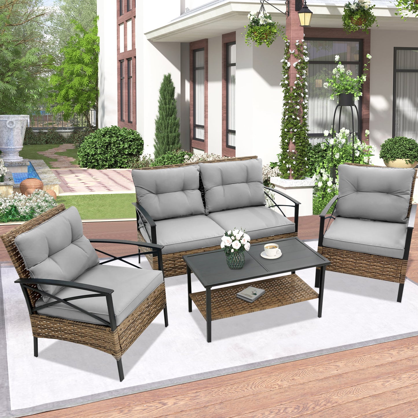 Outdoor Furniture Patio Conversation Set, 4 Pcs Patio Bistro Set with Loveseat and Double-Tier Tea Table, Front Porch Backyard Deck Garden Furniture Set