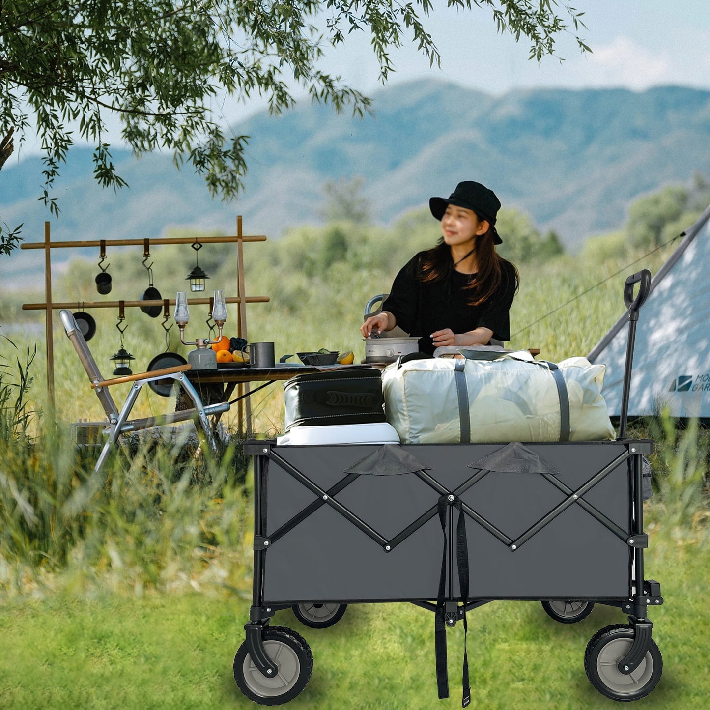 Folding Wagon Cart, Heavy Duty Collapsible Utility Wagon, Beach Wagon with Telescoping Handle, All-Terrain Wheels Utility Wagon for Patio Camping Garden Beach Shopping