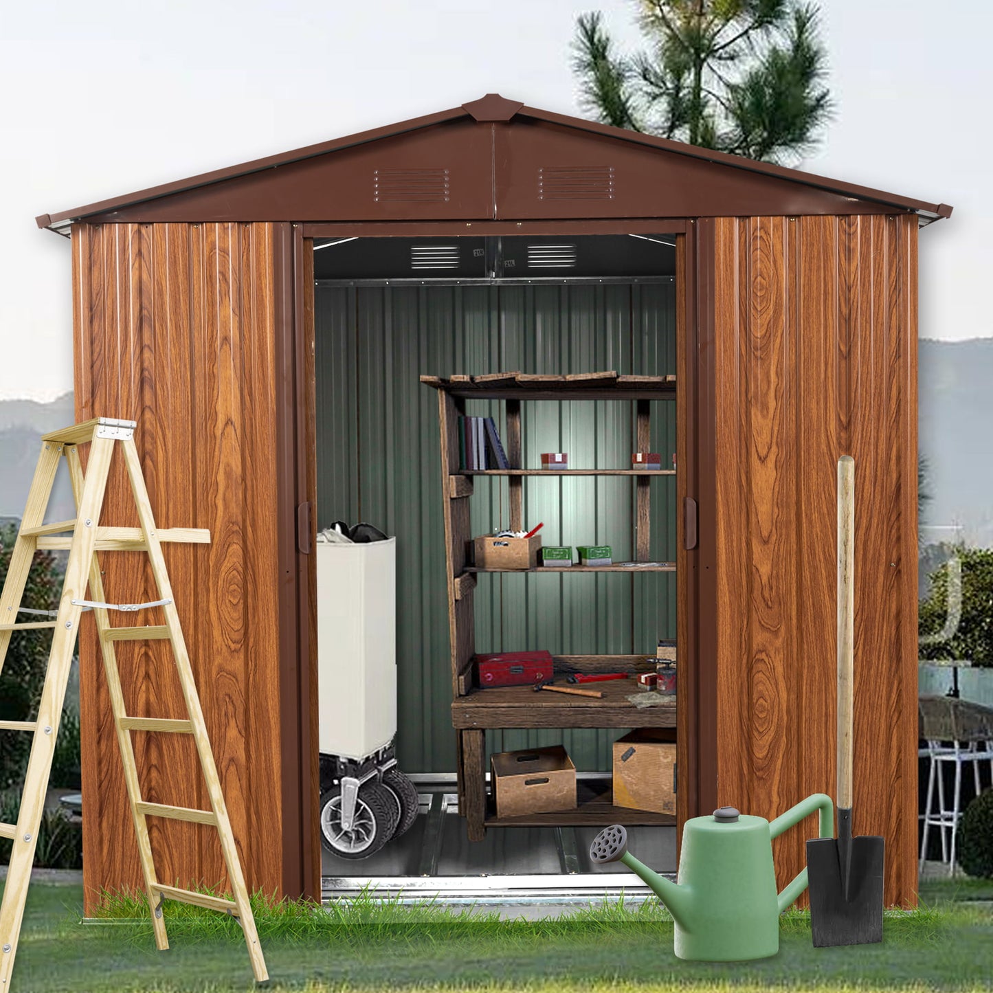 Outdoor Shed with Lockable Door, Coffee Outdoor Storage Cabinet, Metal Shed for Garden Backyard